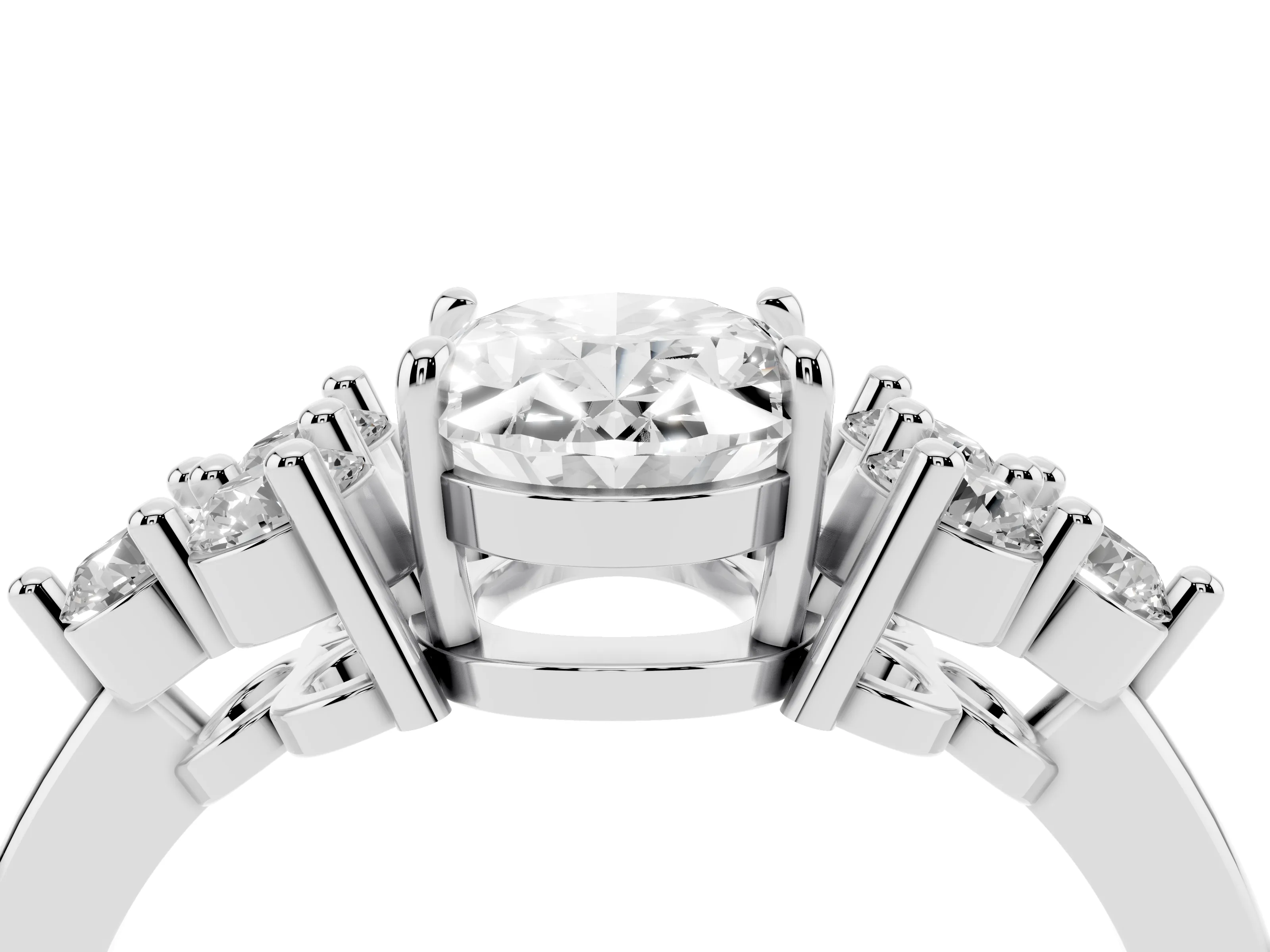 Oval Cut Diamond Solitaire Ring Set in Platinum with Cluster Accents on Each Side