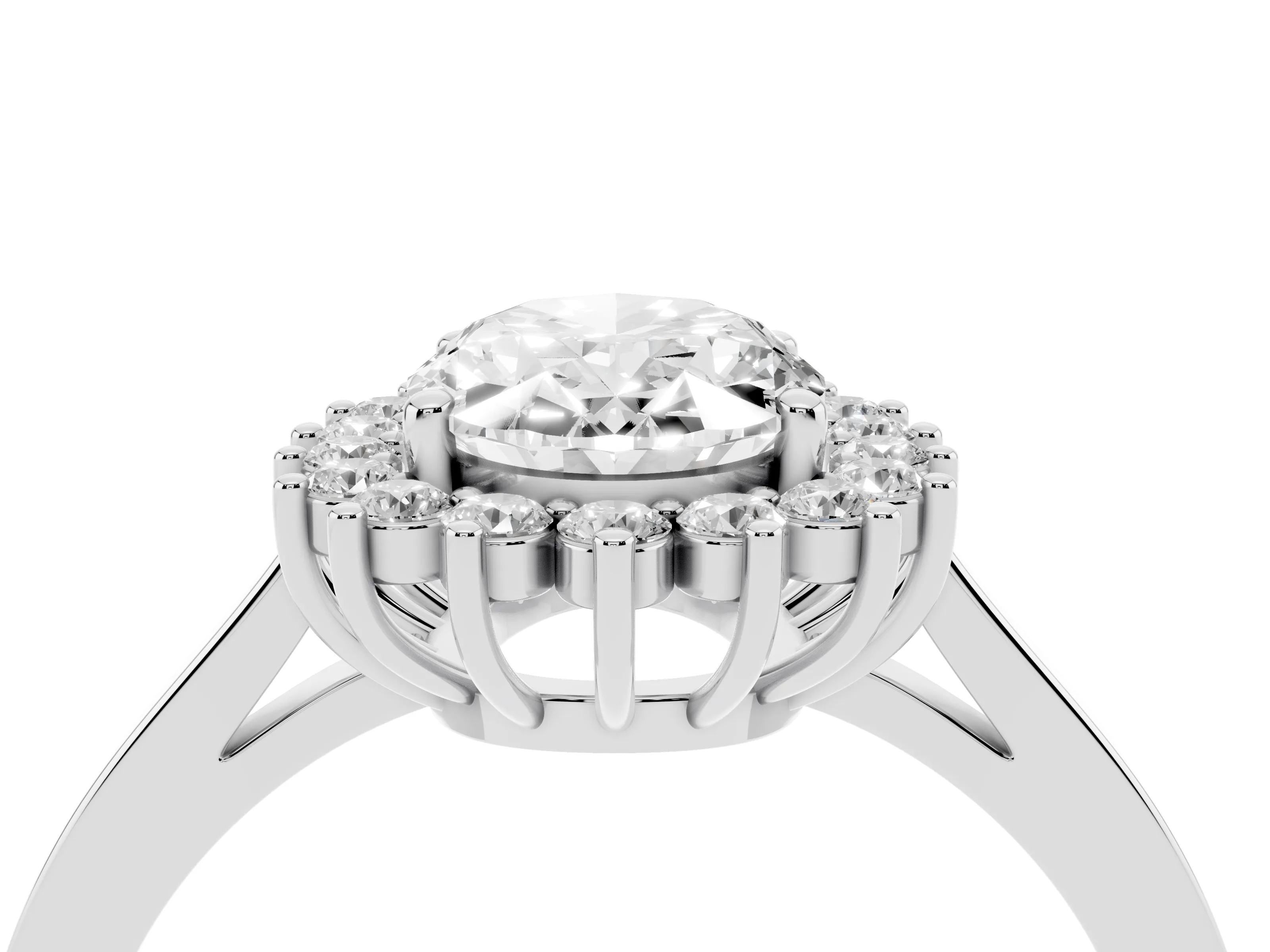 Oval Cut Diamond Halo Ring Set in White gold with Round Halo and Smooth Solitaire Band