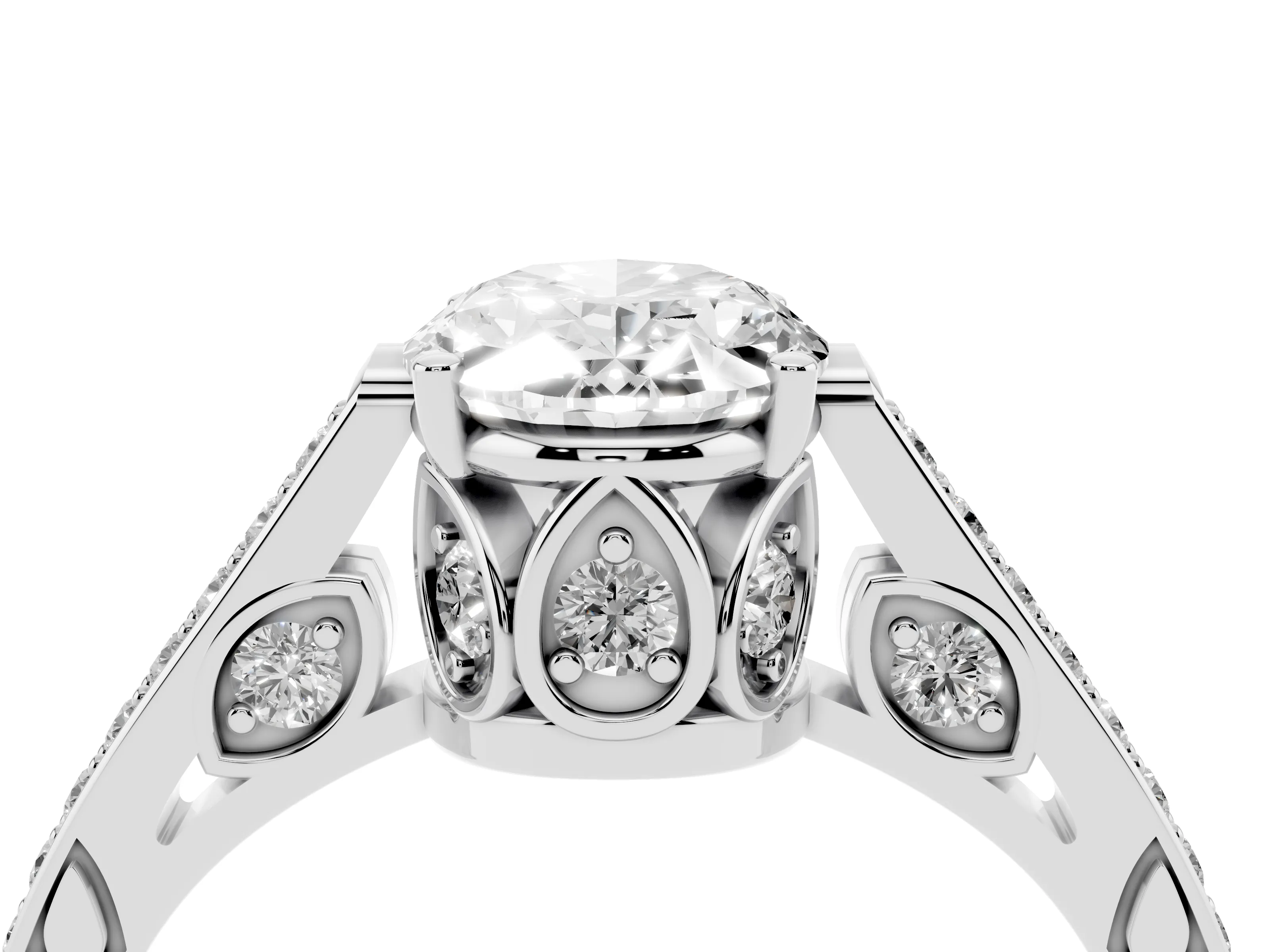 Oval Cut Diamond Cathedral Pavé Engagement Ring Set in White gold with Prong Setting