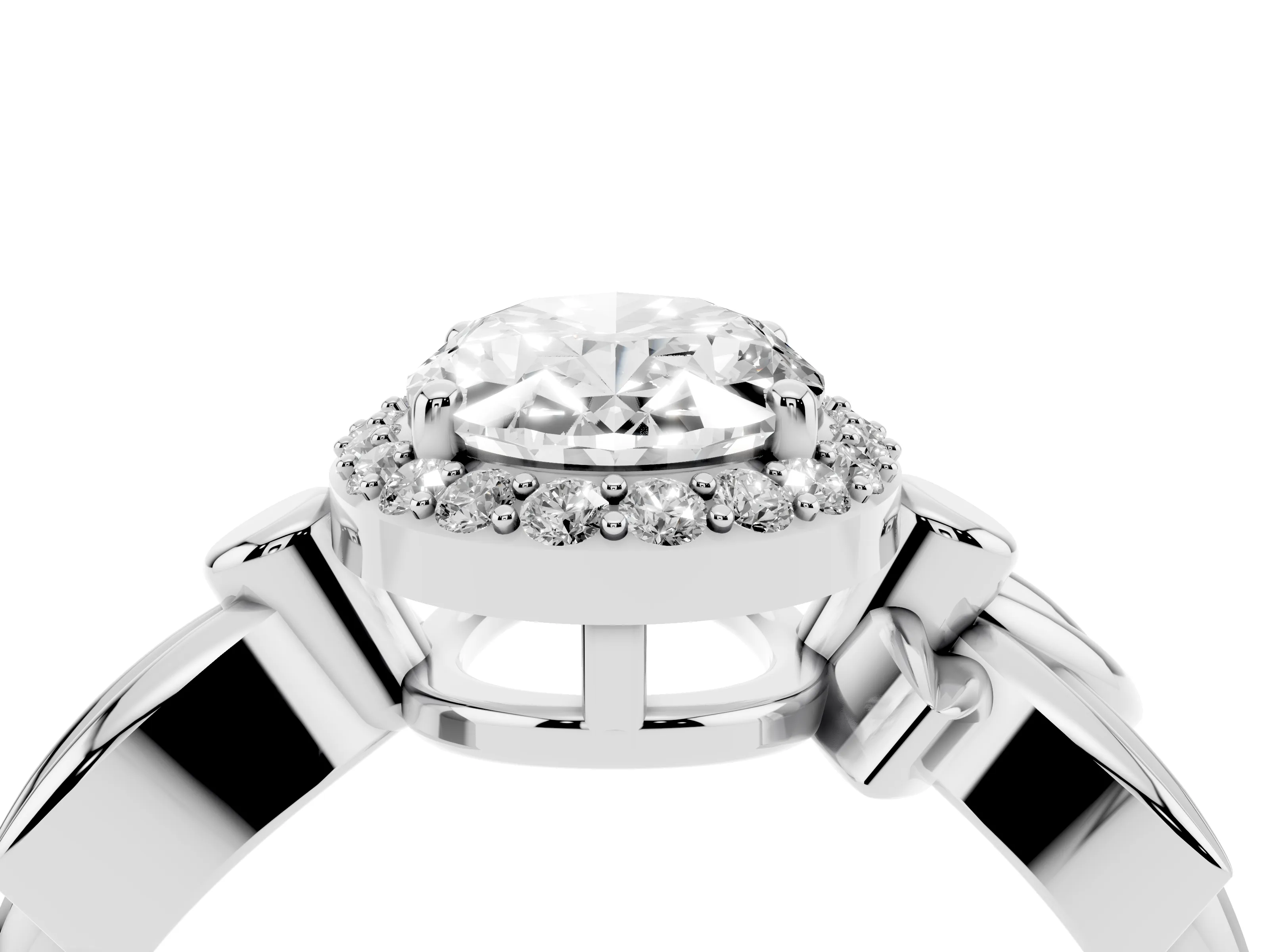 Oval Cut Diamond Halo Floral Band Ring Set in Platinum with Prong Setting
