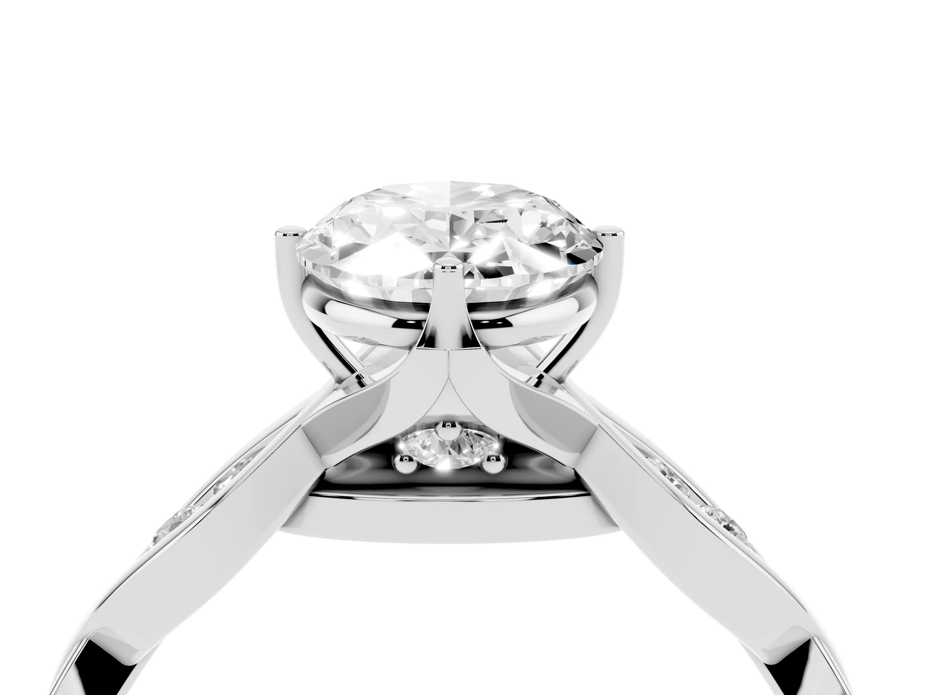 Oval Cut Diamond Twist Band Solitaire Ring Set in Platinum with Leaf Prong Setting and Accent Stones