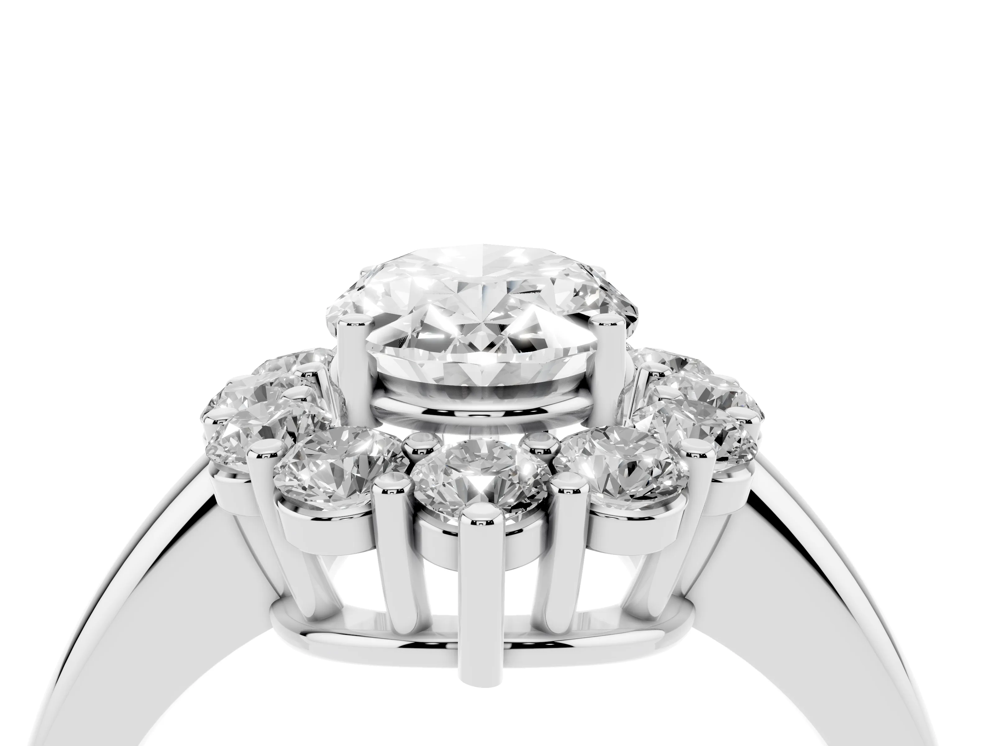 Oval Cut Diamond Halo Cluster Engagement Ring Set in Silver with Polished Band and Prong Setting