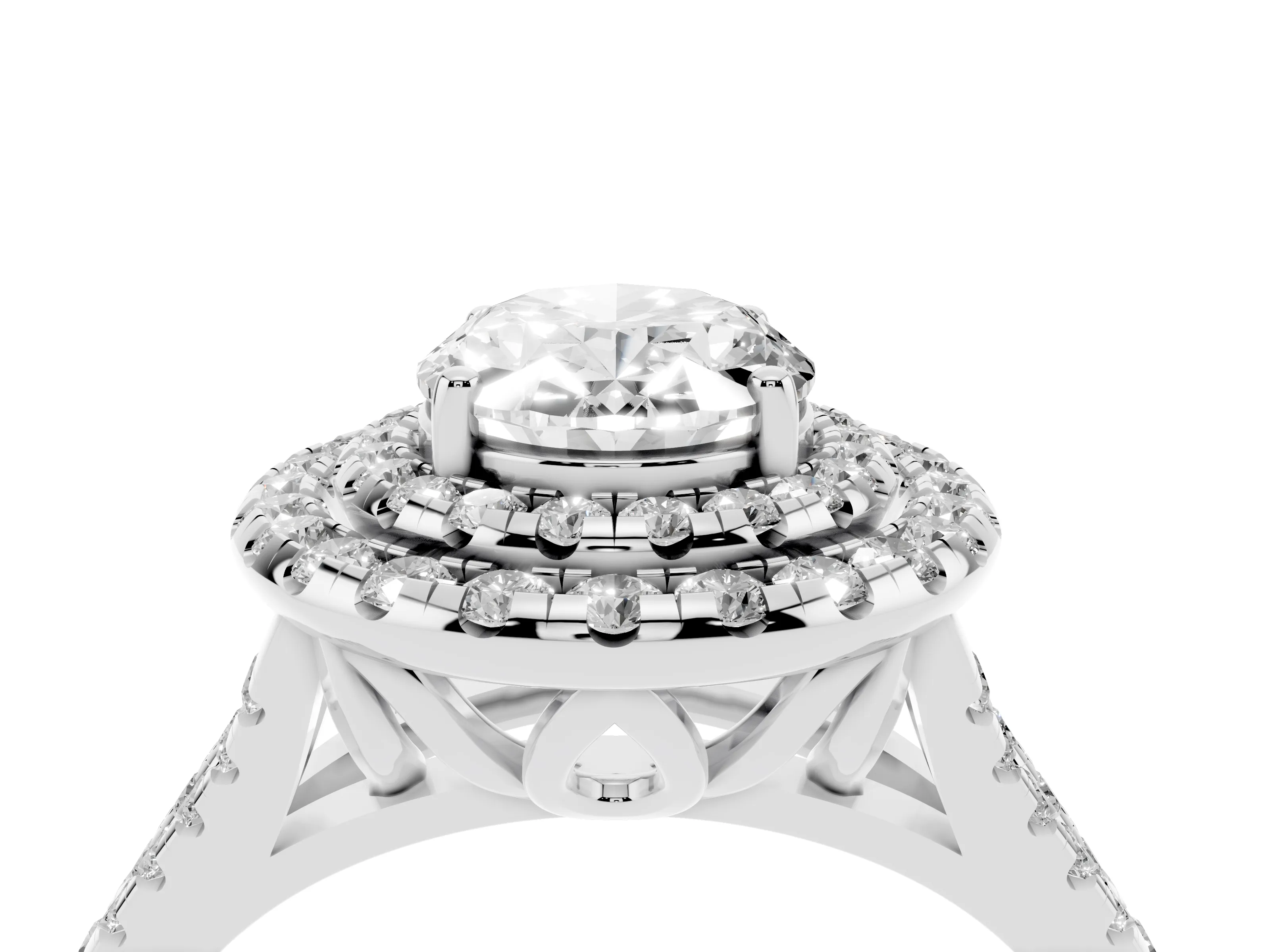 Oval Cut Diamond Double Halo Ring Set in Silver with Pavé Split Shank and Prong Setting