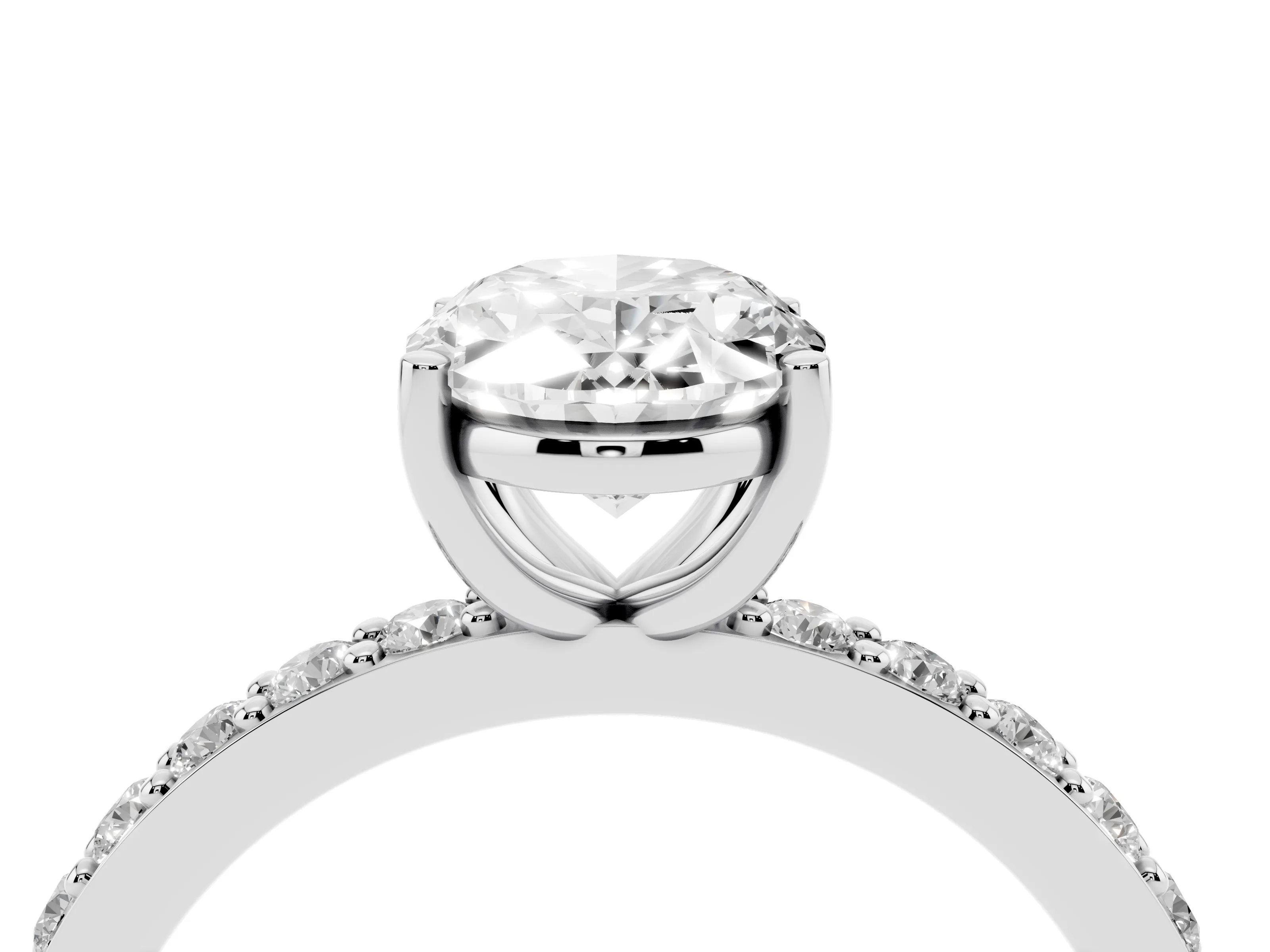 Oval Cut Diamond Solitaire Set in White gold with Round Pavé Band and Prong Setting