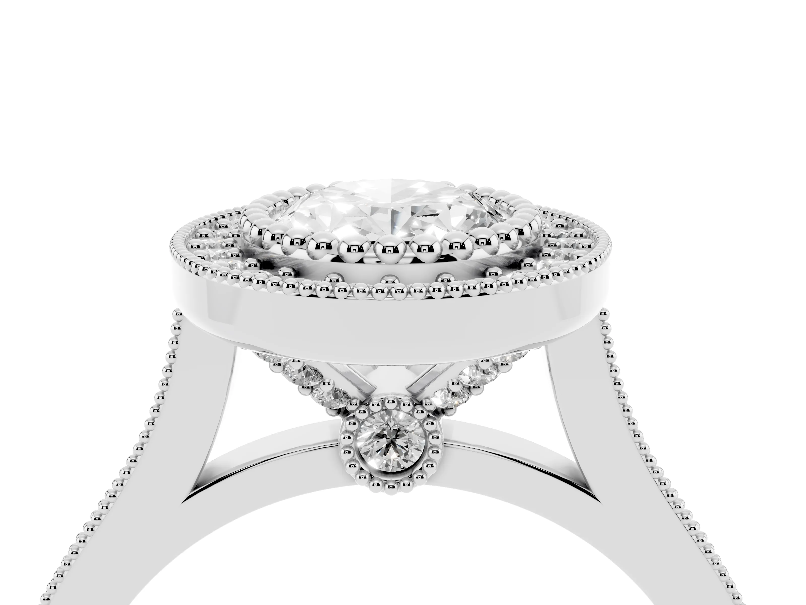 Oval Cut Diamond Halo Ring Set in Silver with Milgrain Frame and Pavé Band