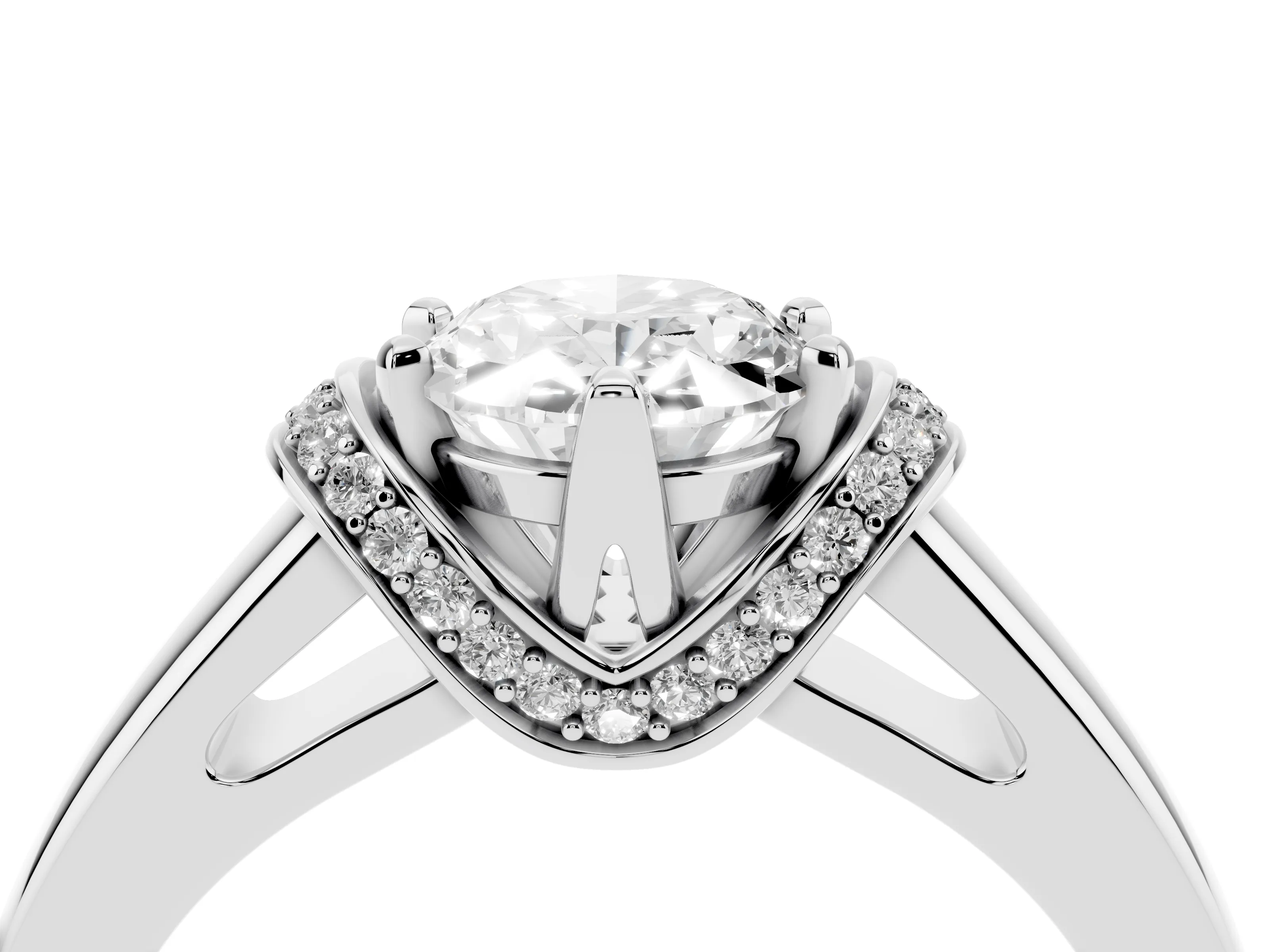 Oval Cut Diamond Pavé Band Solitaire Ring Set in Platinum with Prong Setting