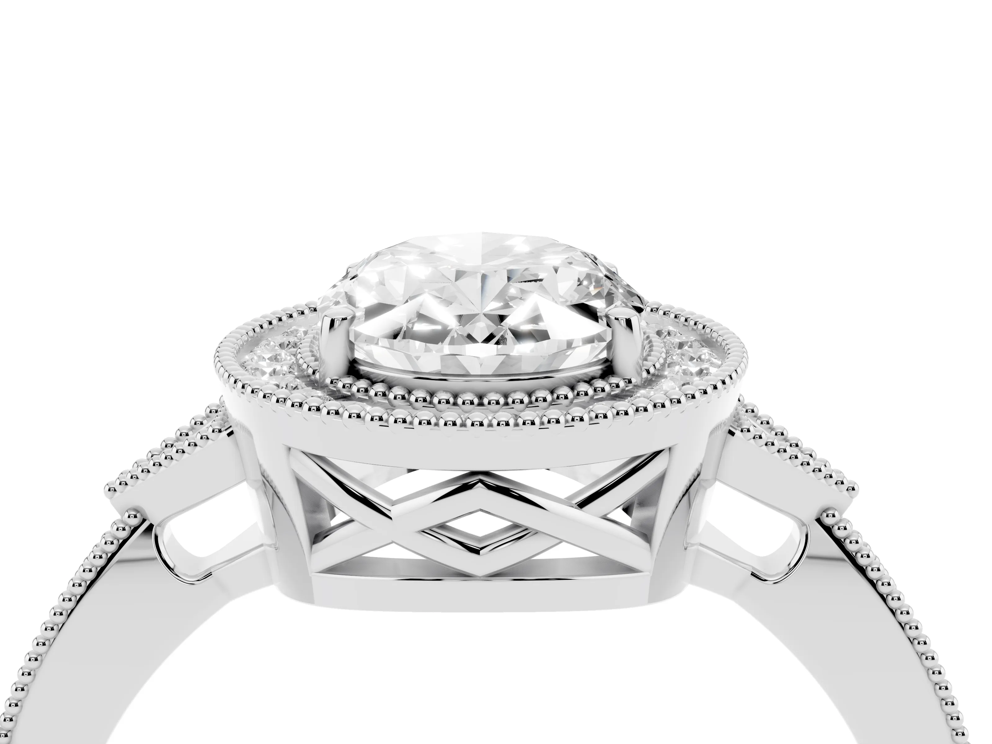 Oval Cut Diamond Halo Engagement Ring Set in Silver with Milgrain Pavé Band