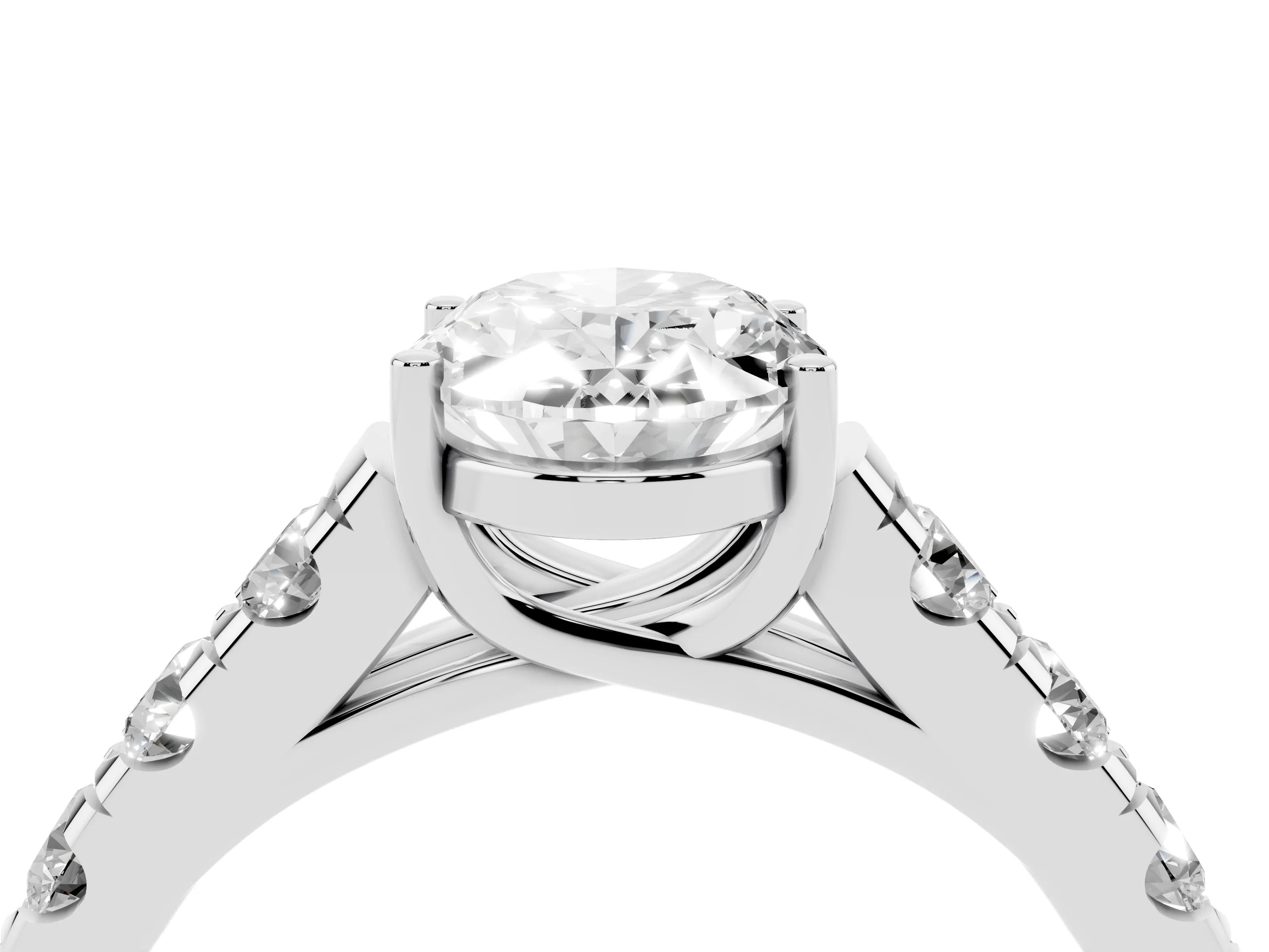 Oval Cut Diamond Solitaire Ring Set in Silver with Cut-Down Micro Pavé Band and Prong Setting