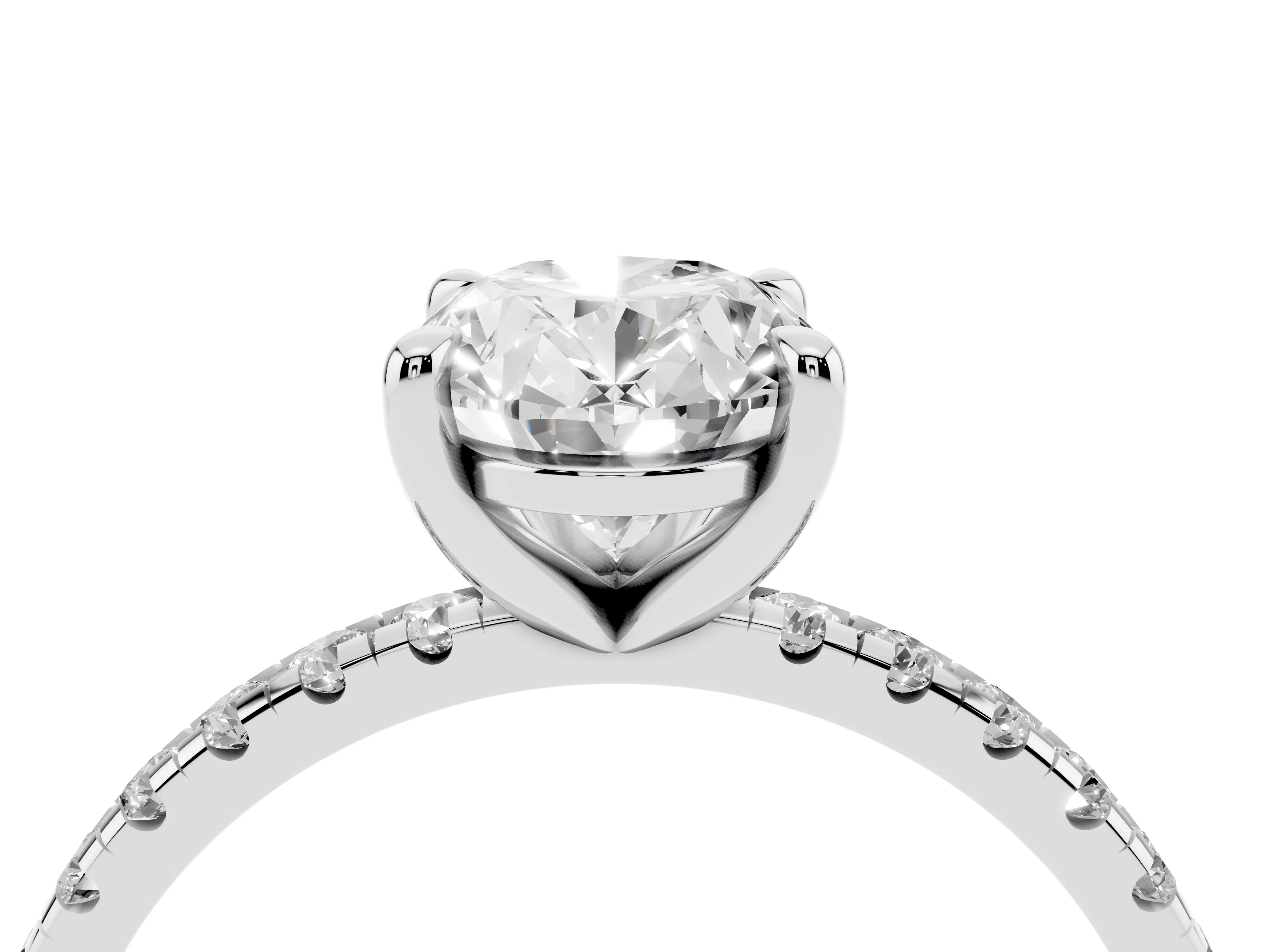 Oval Cut Diamond Brilliant Solitaire Ring Set in White gold with Pavé Band and Prong Setting