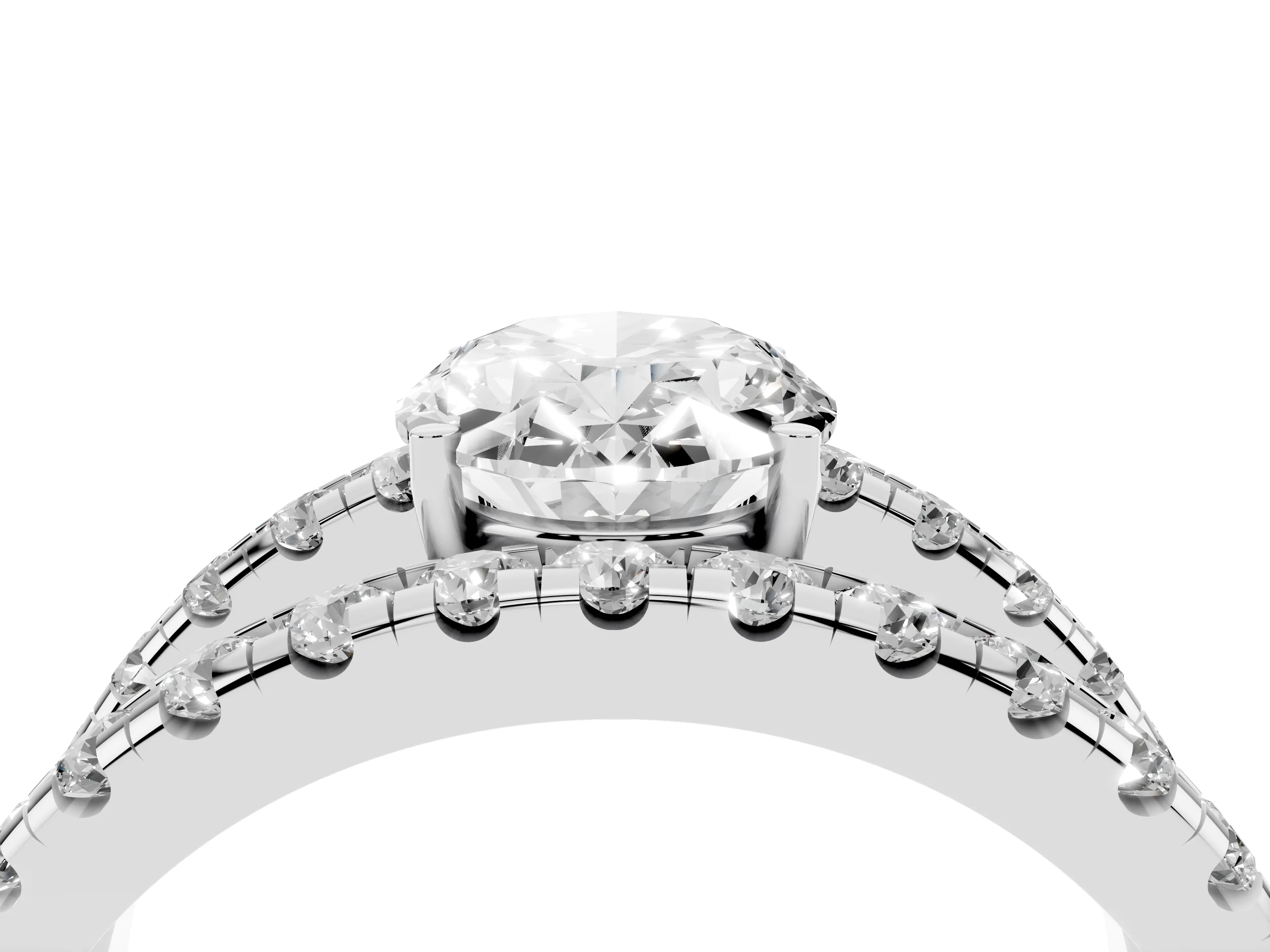 Oval Cut Diamond Split Shank Pavé Solitaire Ring Set in Silver with Open Shank Design