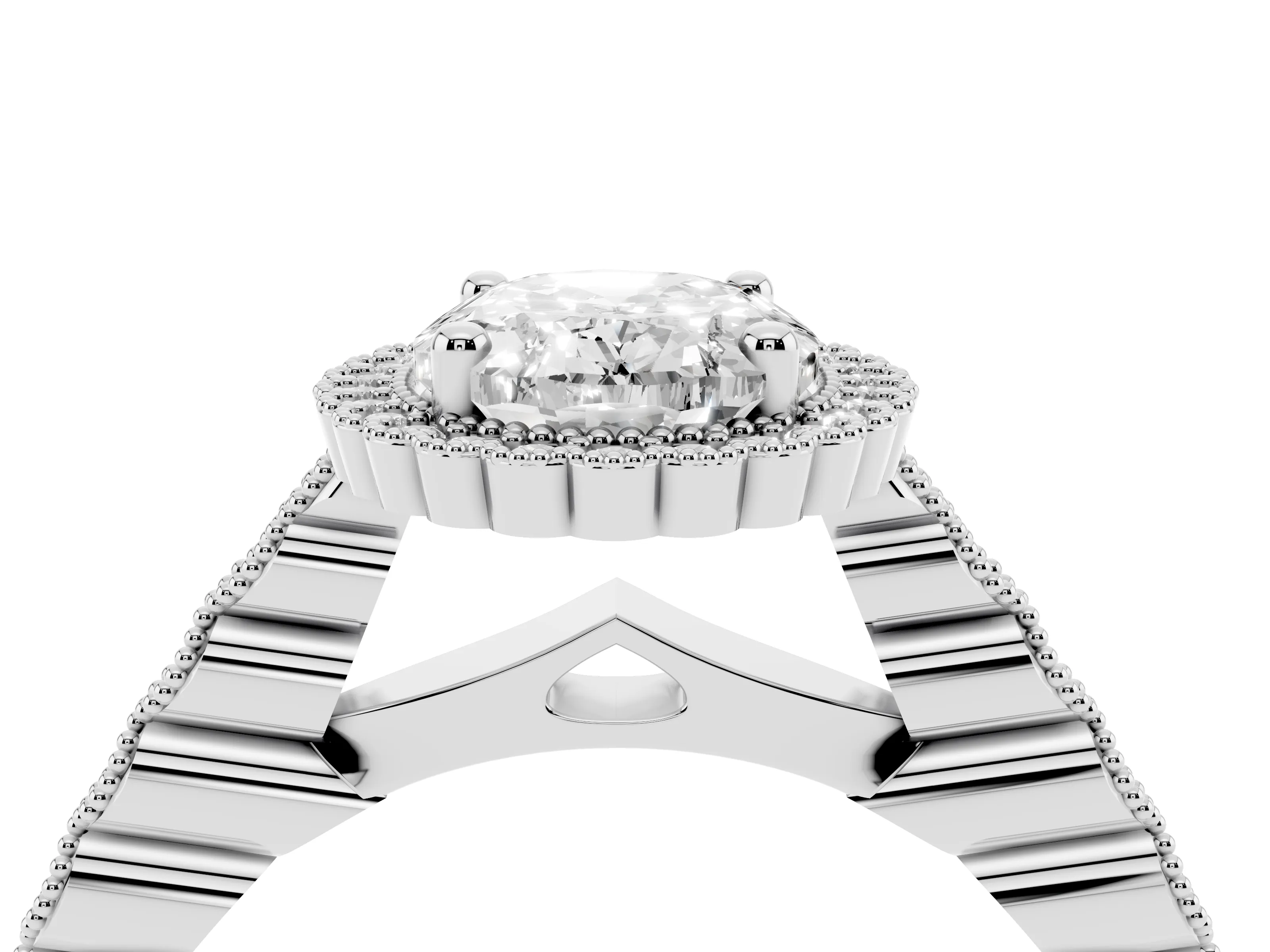 Oval Cut Diamond Halo Ring Set in Platinum with Pavé Milgrain Band