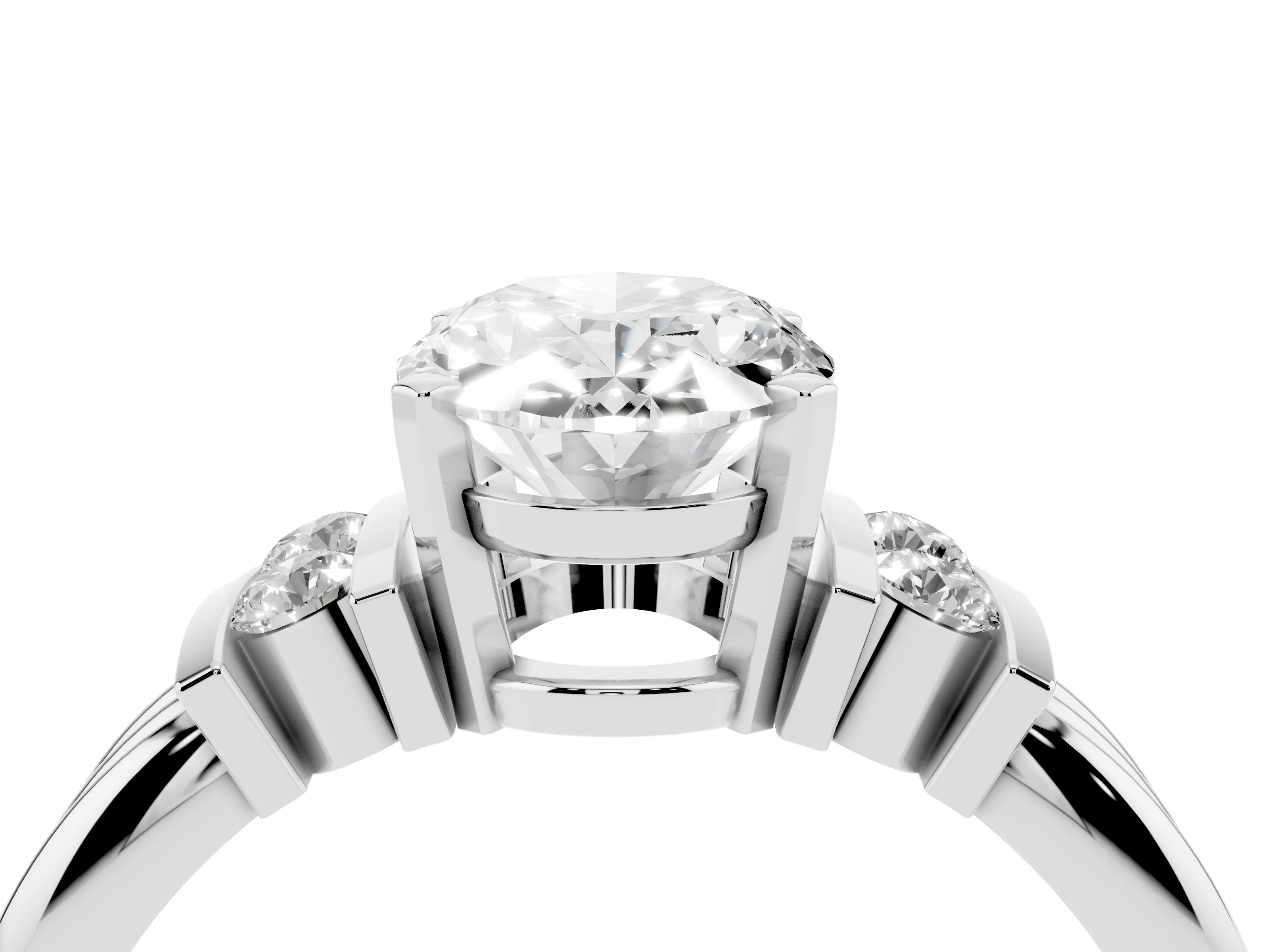 Three-Stone Oval Cut Diamond Channel Set Ring Set in Platinum with Bar Prongs