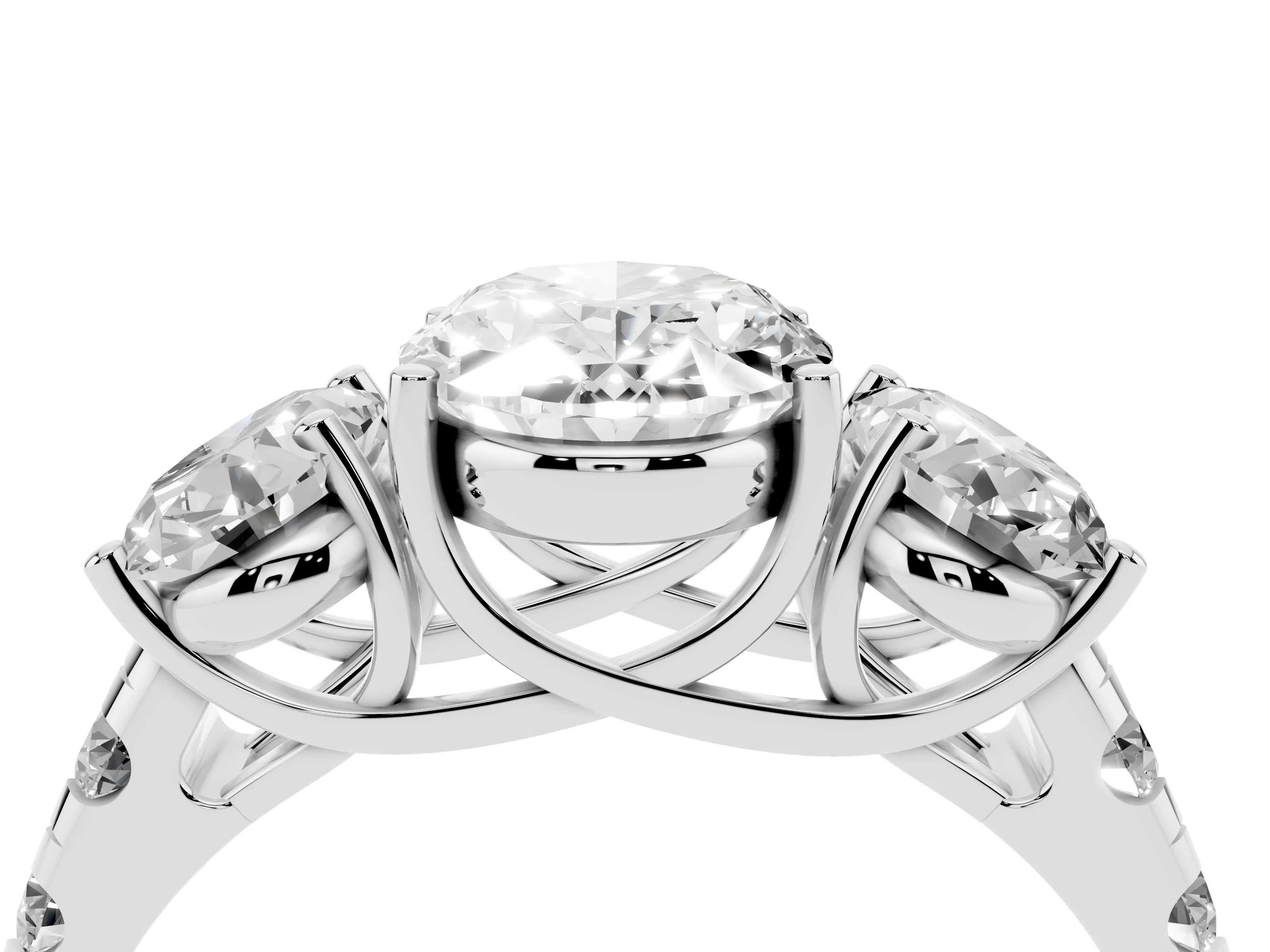 Oval Cut Diamond Three-Stone Ring Set in Silver with Pavé Band