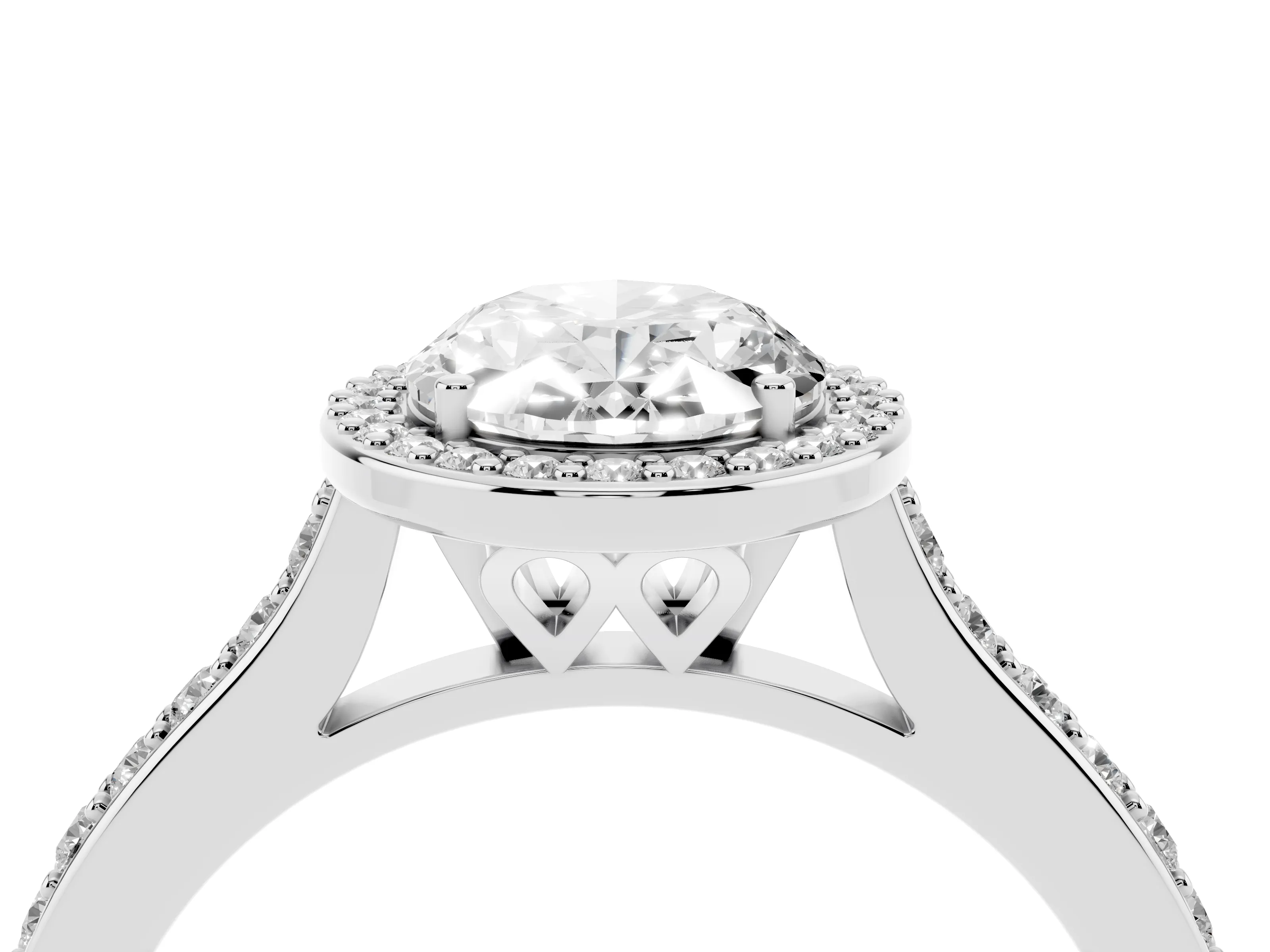 Oval Cut Diamond Halo Engagement Ring Set in Platinum with Round Pavé Shoulders and Heart Gallery