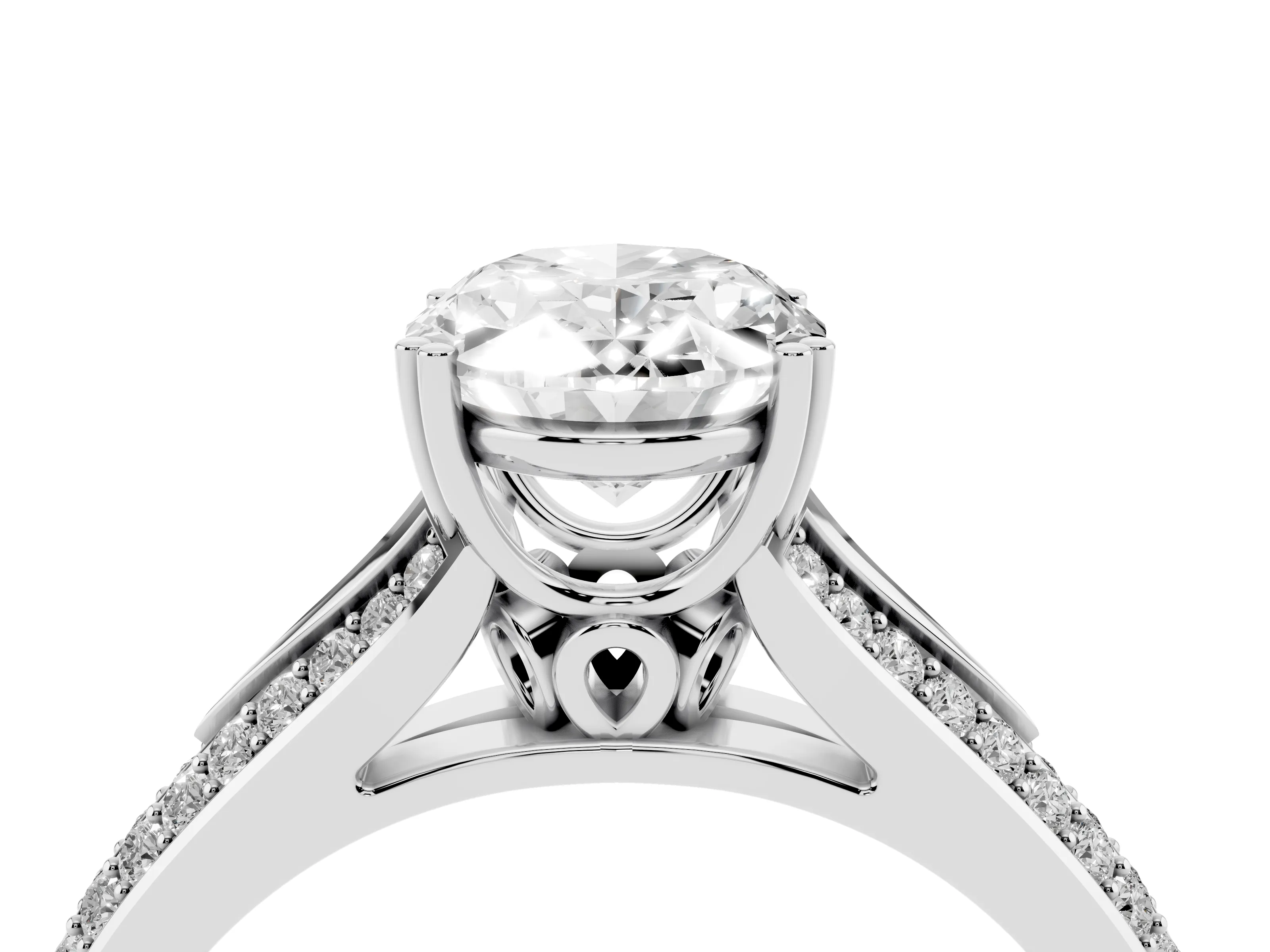 Oval Cut Diamond Split Shank Pavé Engagement Ring Set in White gold with Prong-Set Center Stone