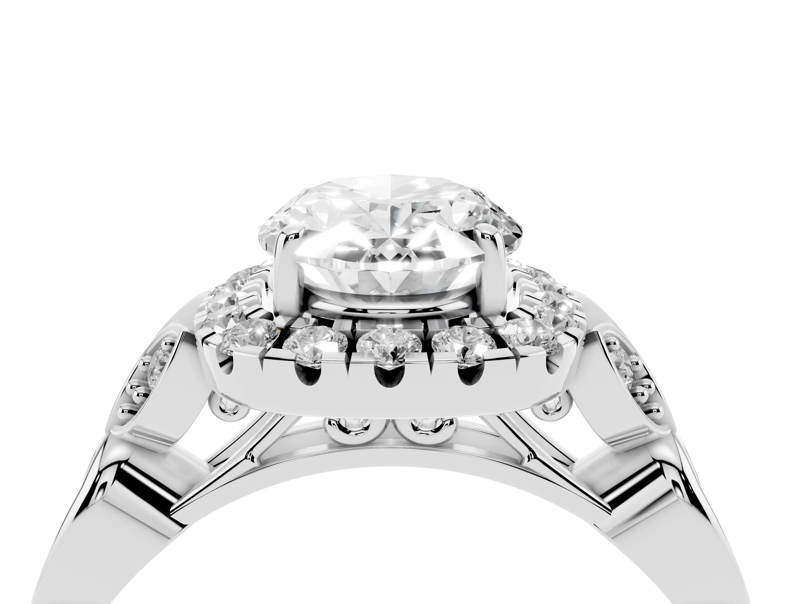 Oval Cut Diamond Halo Engagement Ring Set in Platinum with Vintage-Inspired Band and Prong Setting