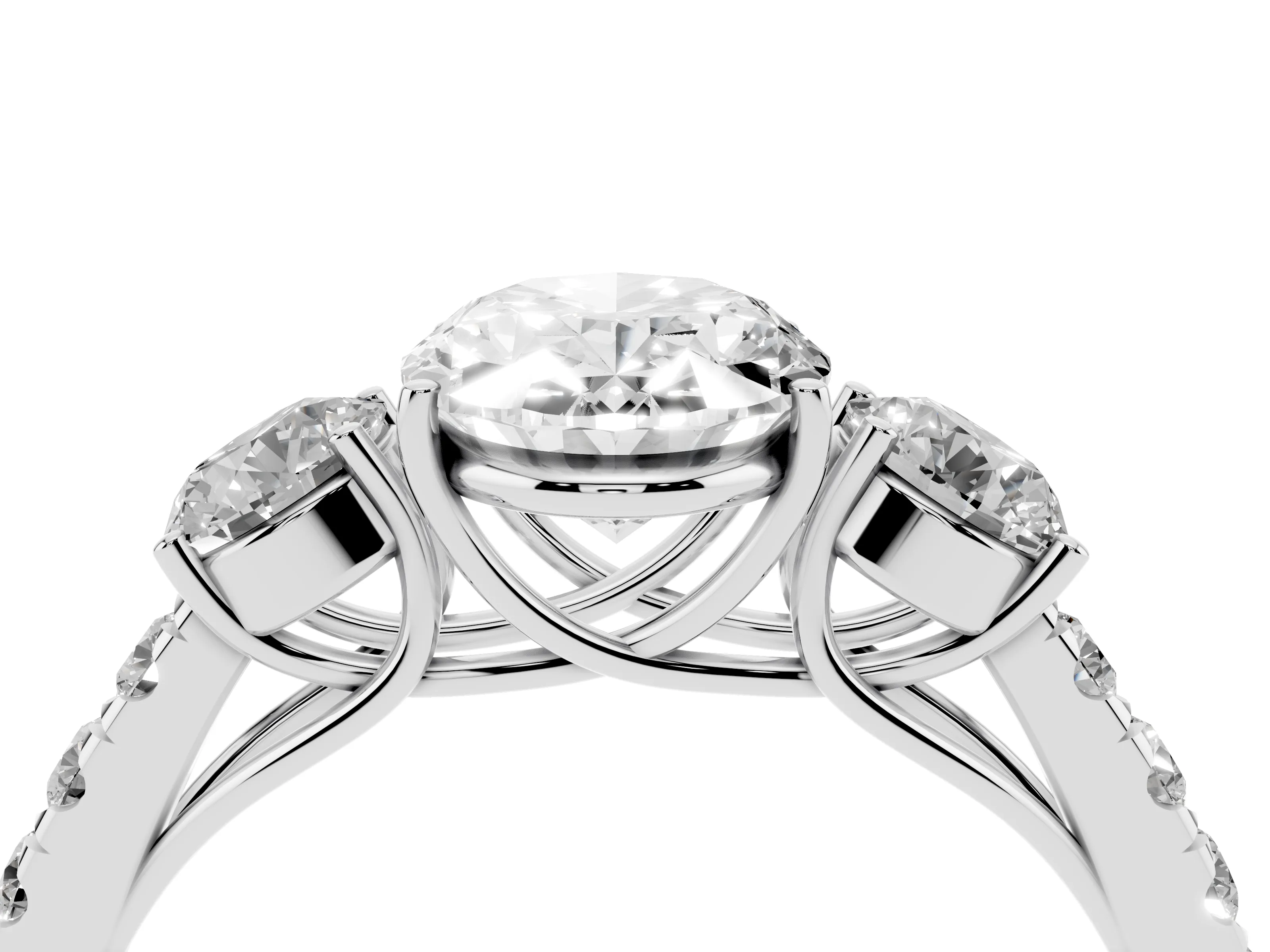 Oval Cut Diamond Three-Stone Ring Set in White gold with Round Side Stones and Delicate Pavé Band