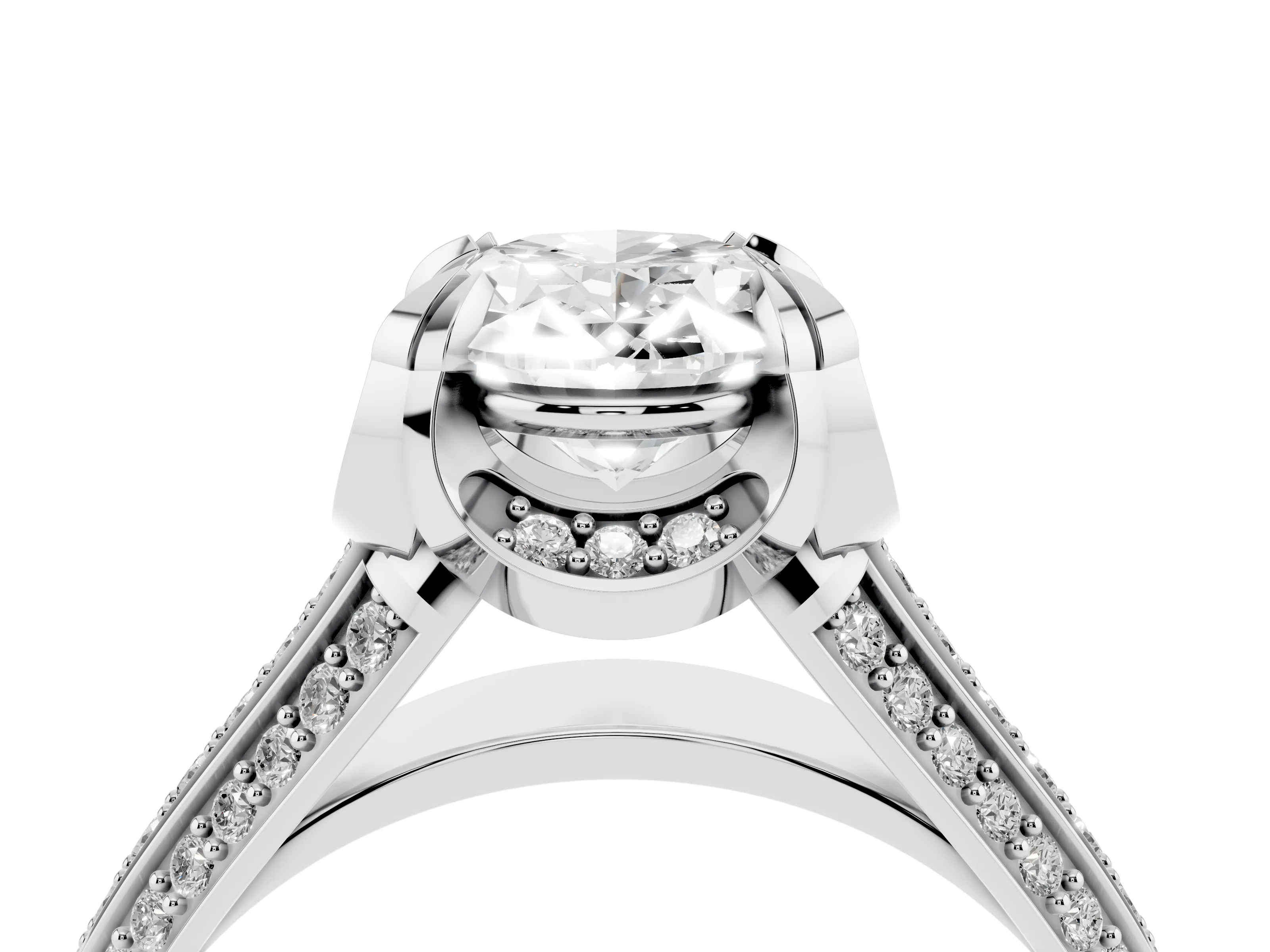 Oval Cut Diamond Pavé Split Shank Solitaire Ring Set in White gold with Prong Setting