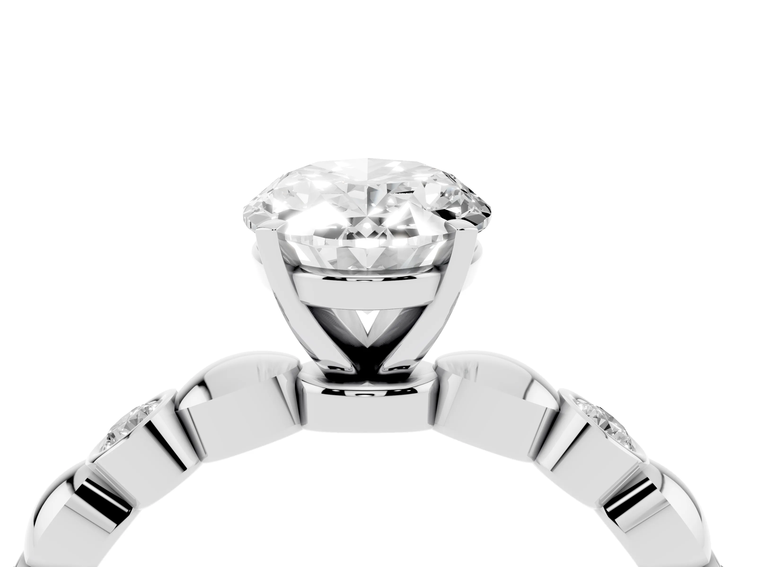 Oval Cut Diamond Solitaire Ring Set in White gold with Bezel-Set Accents on Beaded Band and Prong Setting