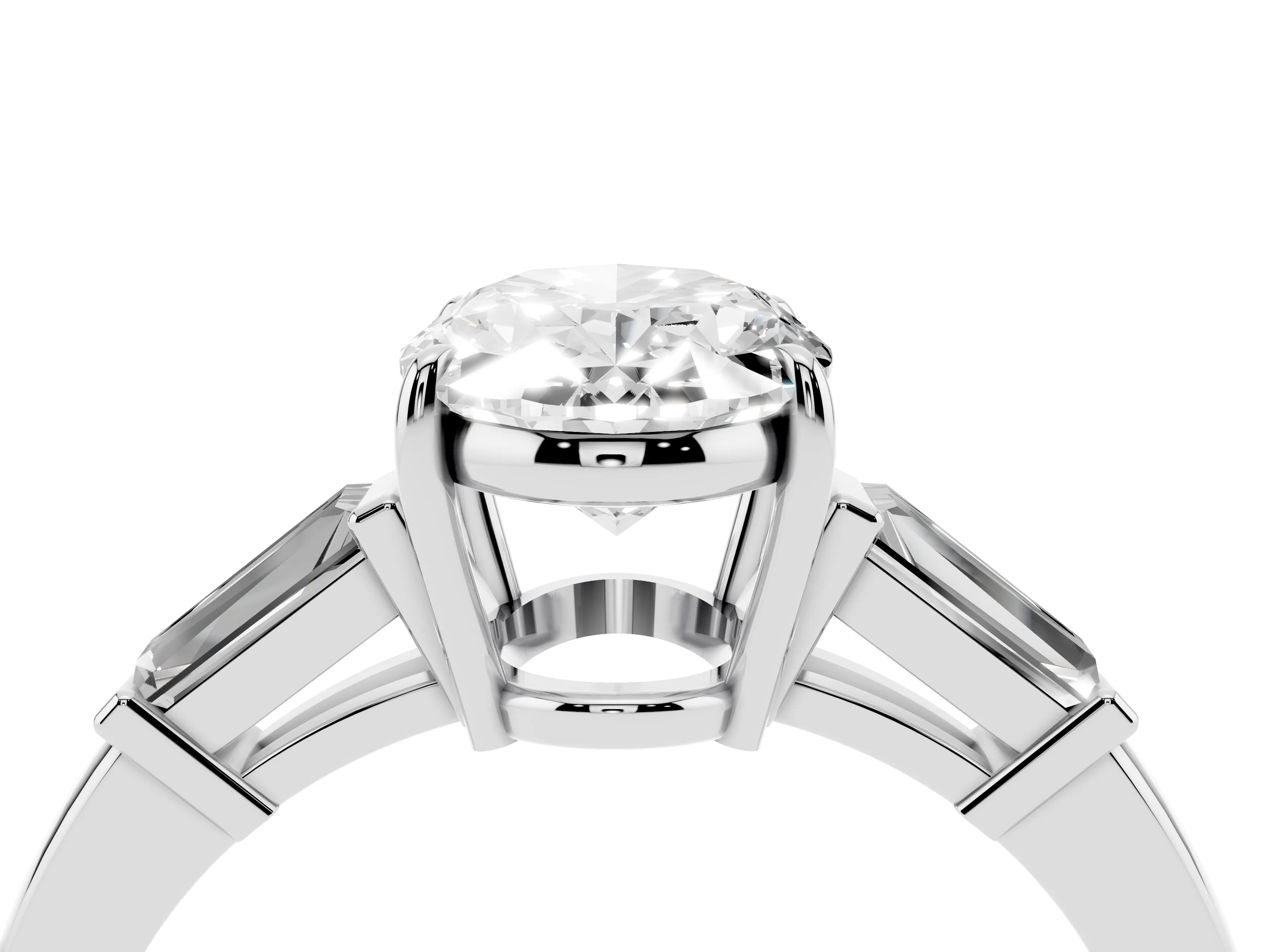 Oval Cut Diamond Three-Stone Ring Set in Platinum with Tapered Baguette Side Stones and Prong Setting
