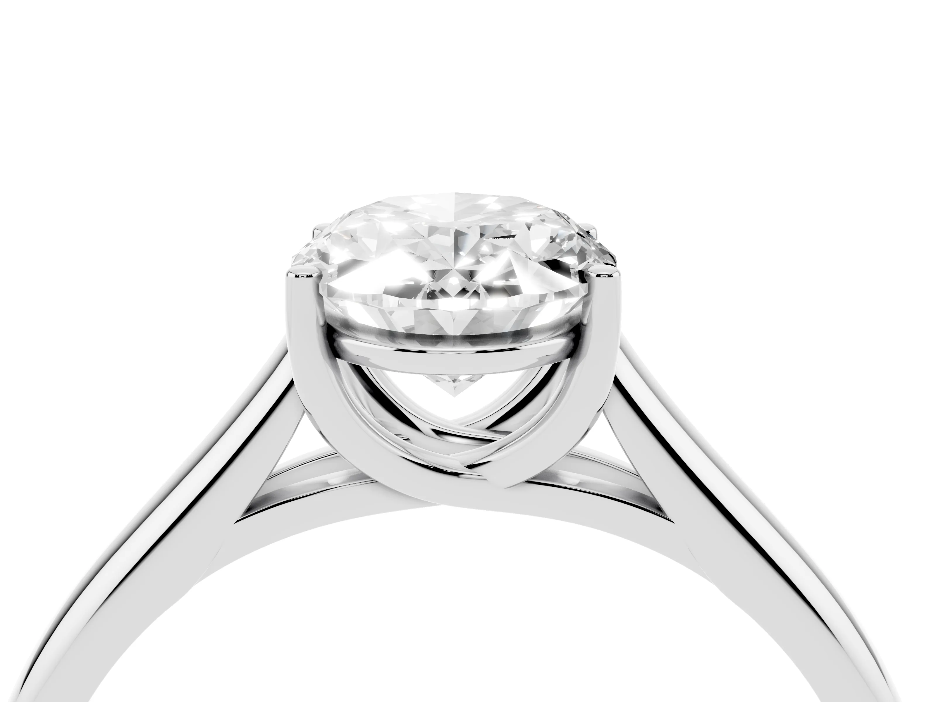Oval Cut Diamond Solitaire Engagement Ring Set in White gold with Subtly Tapered Band and Prong Setting