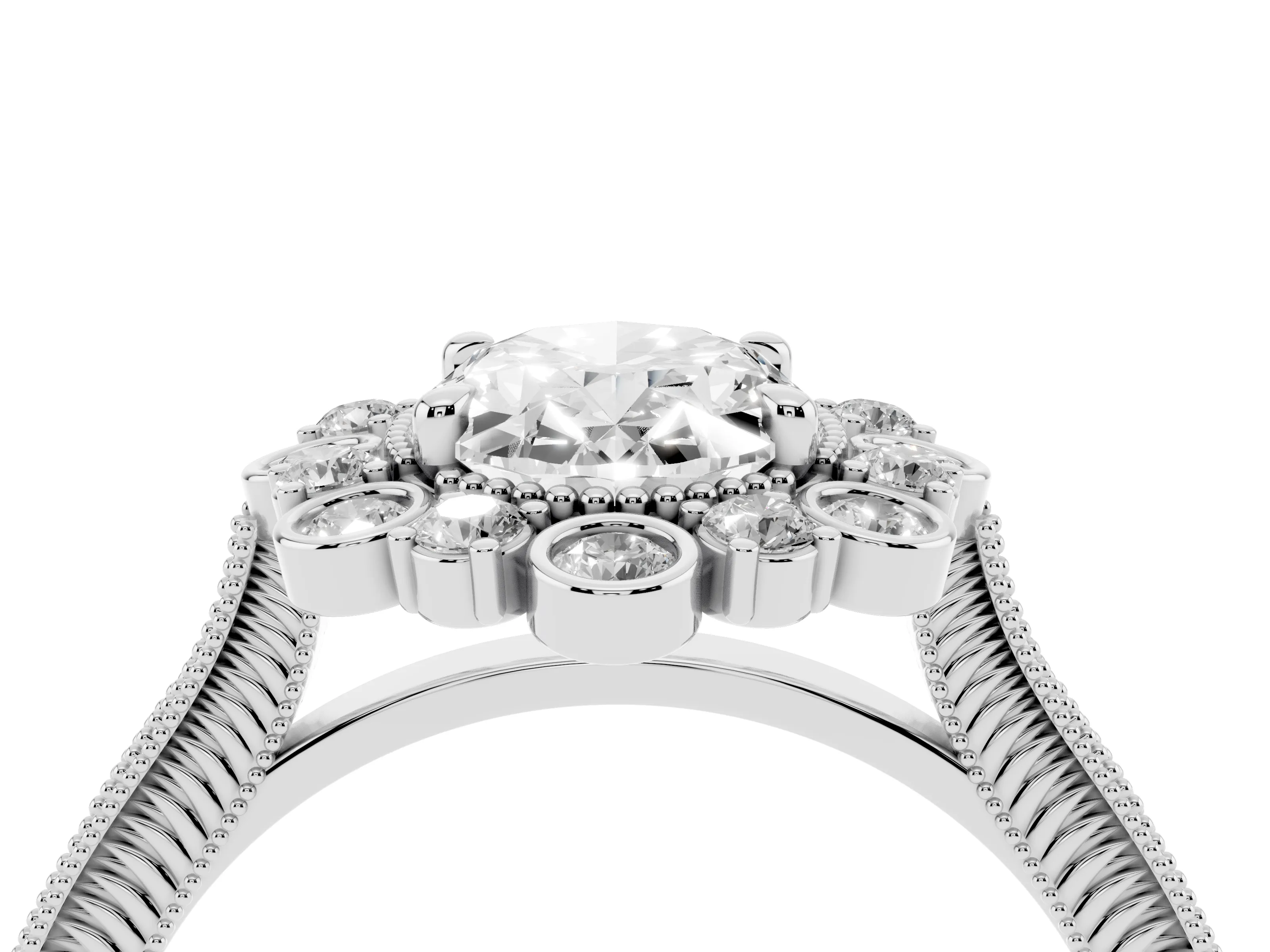 Oval Cut Diamond Halo Milgrain Pavé Ring Set in Platinum with Prong Setting