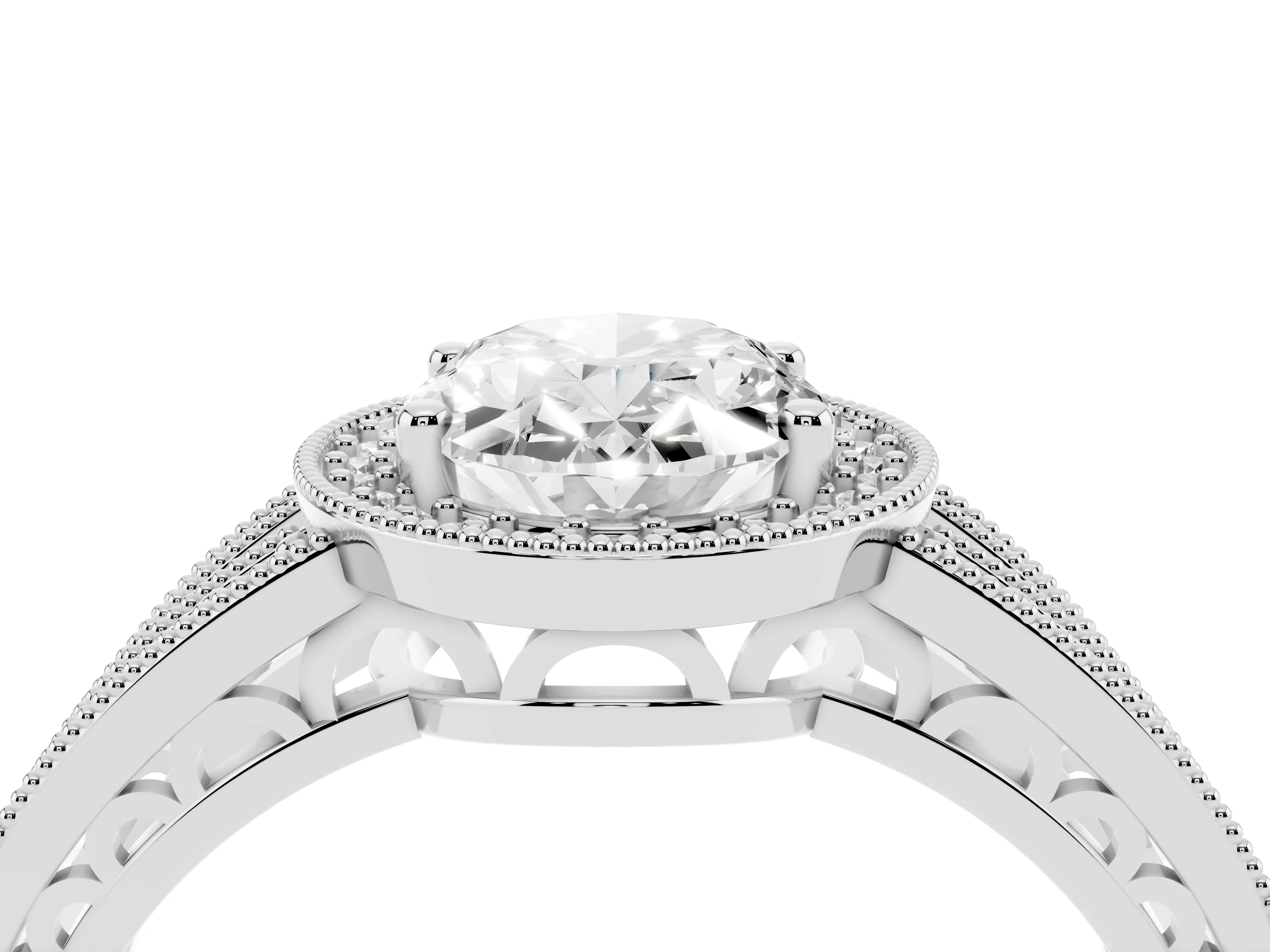 Oval Cut Diamond Halo Ring Set in Platinum with Accent Split Shank and Prong Setting