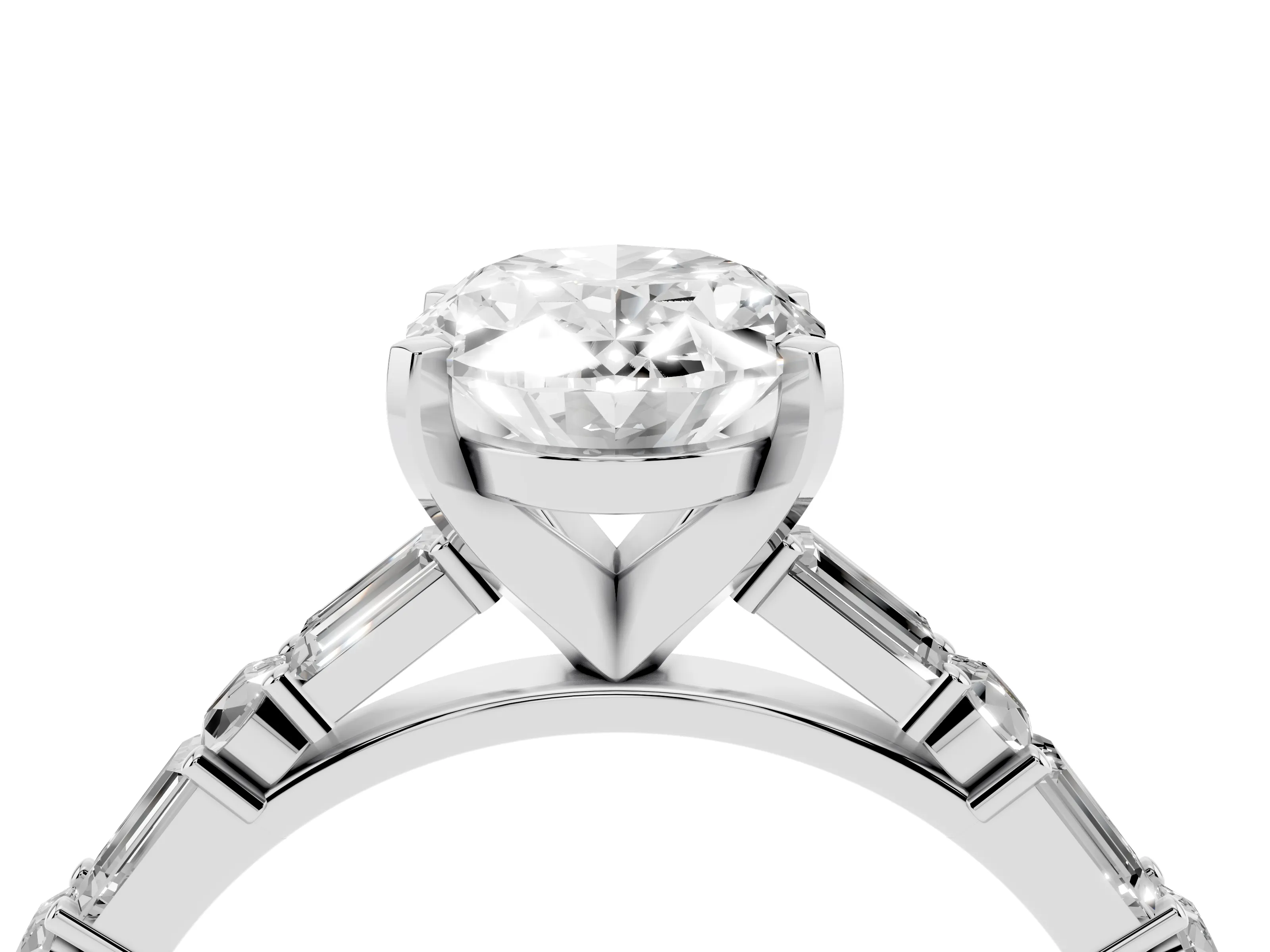 Oval Cut Diamond Solitaire Set in Platinum with Side Baguettes and Channel Set Band