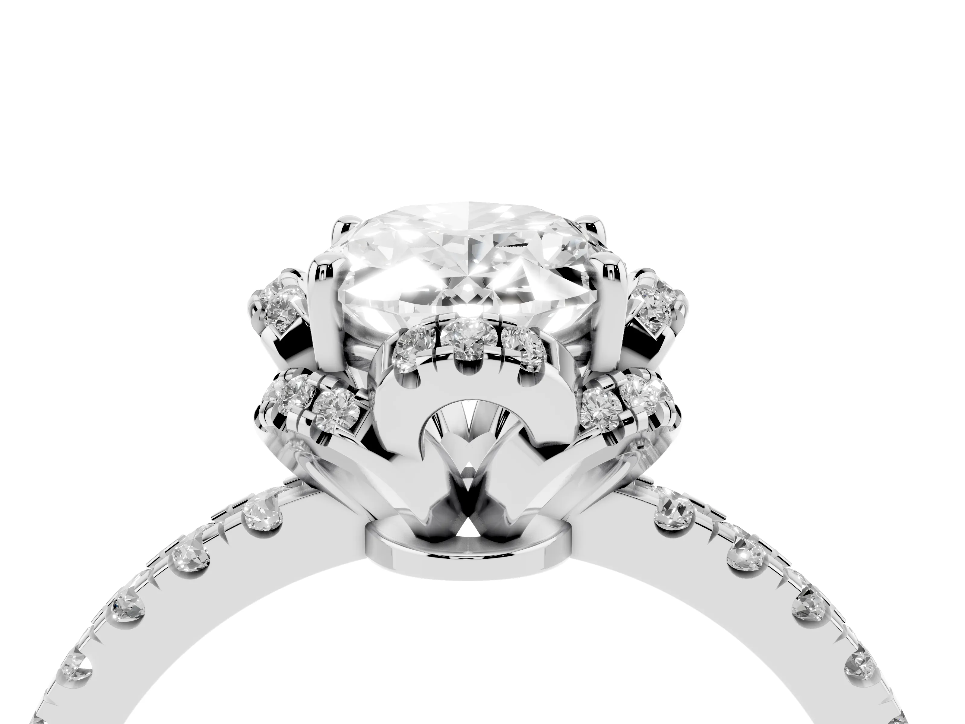 Oval Cut Diamond Halo Pavé Band Ring Set in Platinum with Prong-Held Center