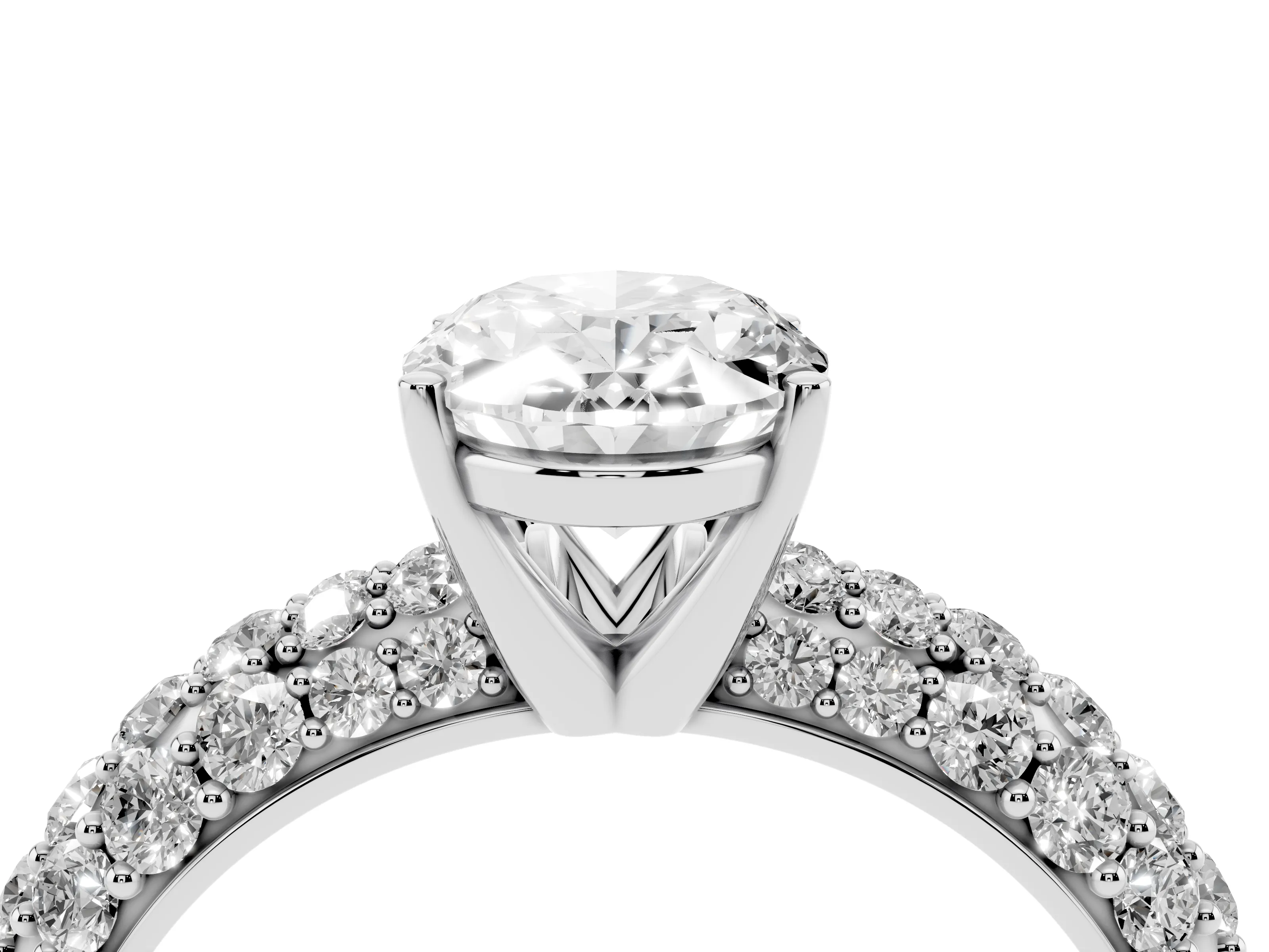 Oval Cut Diamond Pavé Band Solitaire Ring Set in White gold with Close-Set Accent Stones and Prong Setting