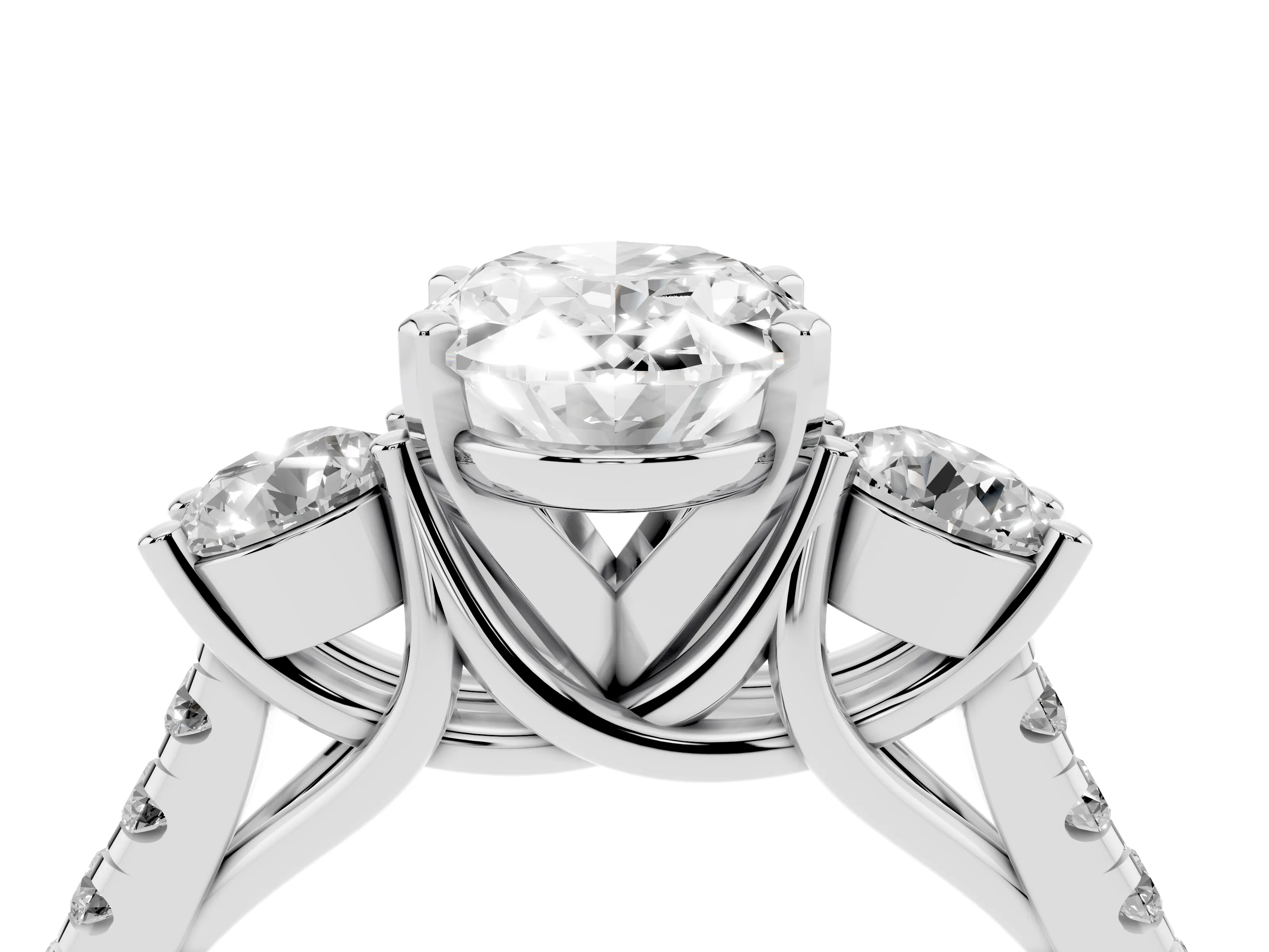Three-Stone Oval Cut Diamond Pavé Band Ring Set in Silver with Prong-Set Trio