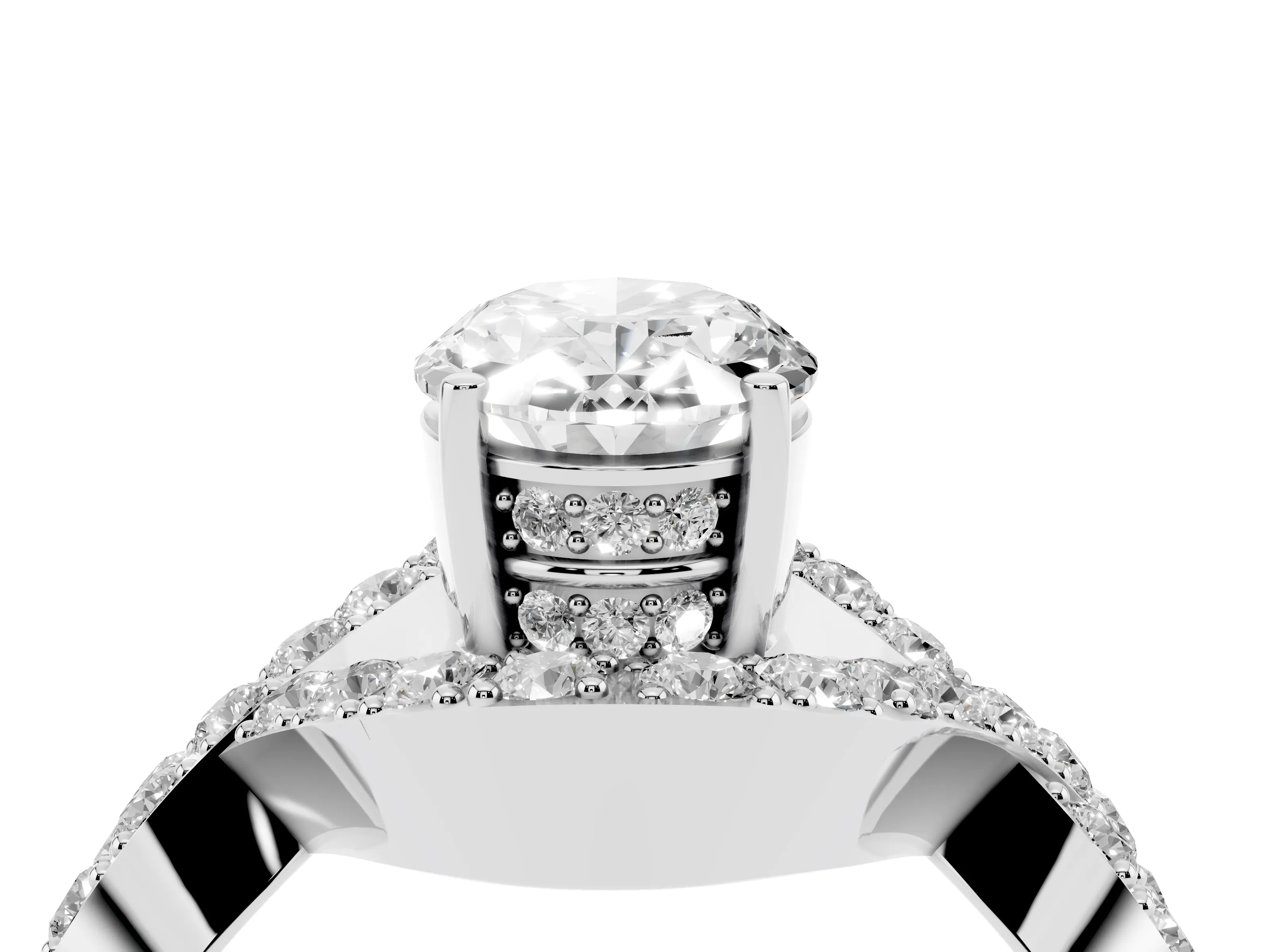 Oval Cut Diamond Solitaire Twist Band Pavé Engagement Ring Set in Platinum
