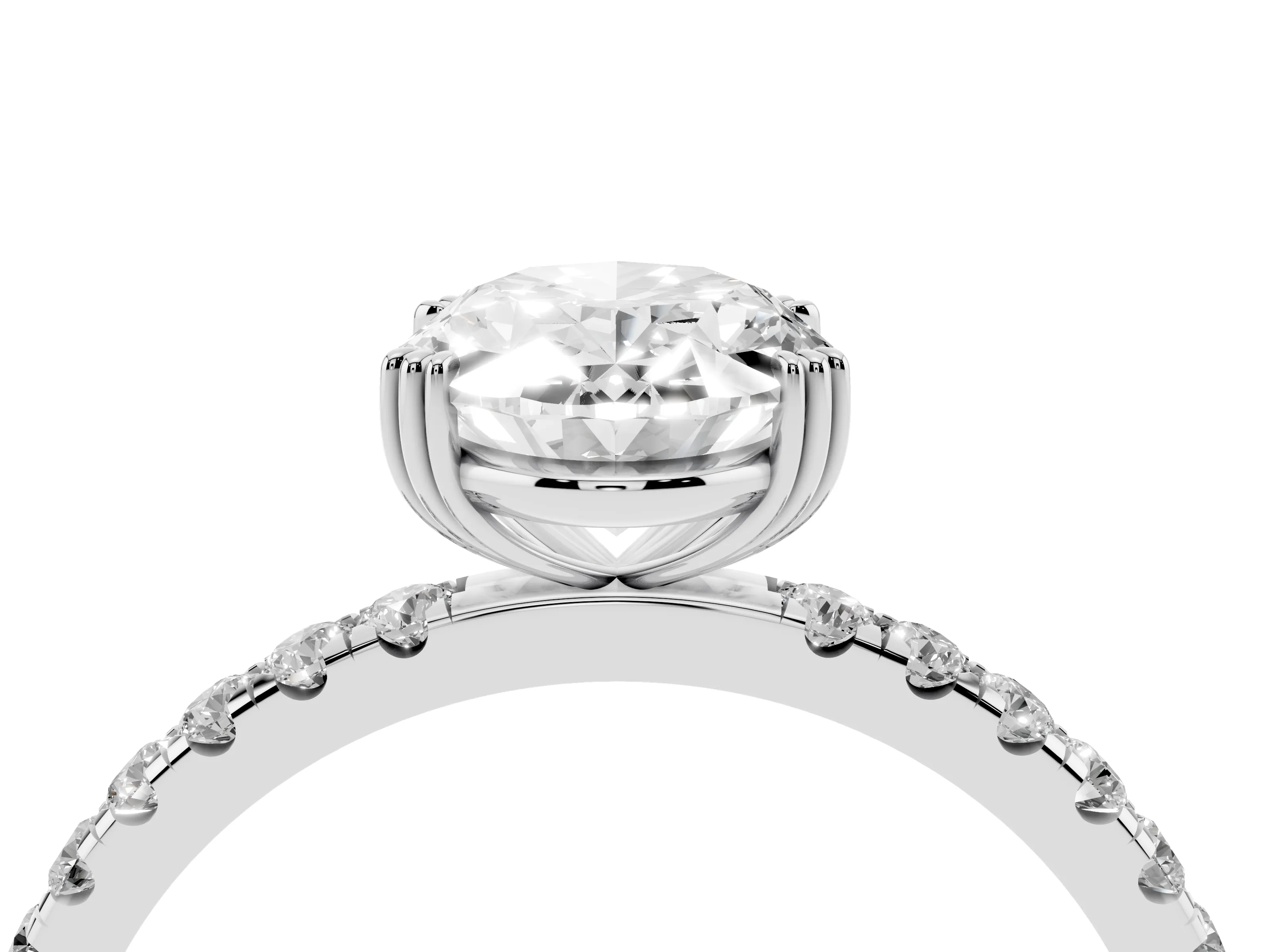 Oval Cut Diamond Brilliant Solitaire Set in Silver with Pavé Band and Claw Prong Setting