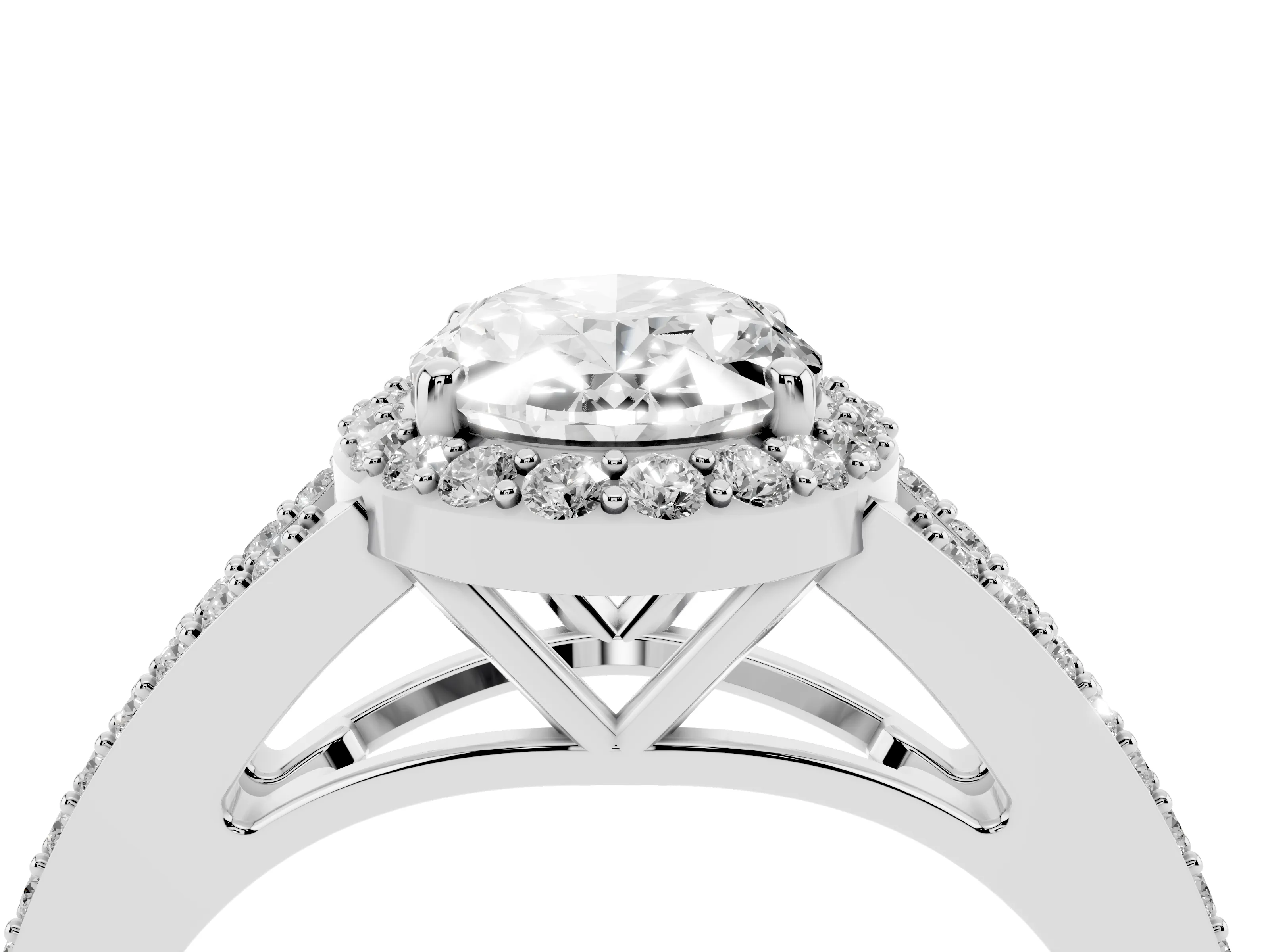 Oval Cut Diamond Halo Split Shank Ring Set in White gold with Accent Stones and Prong Setting