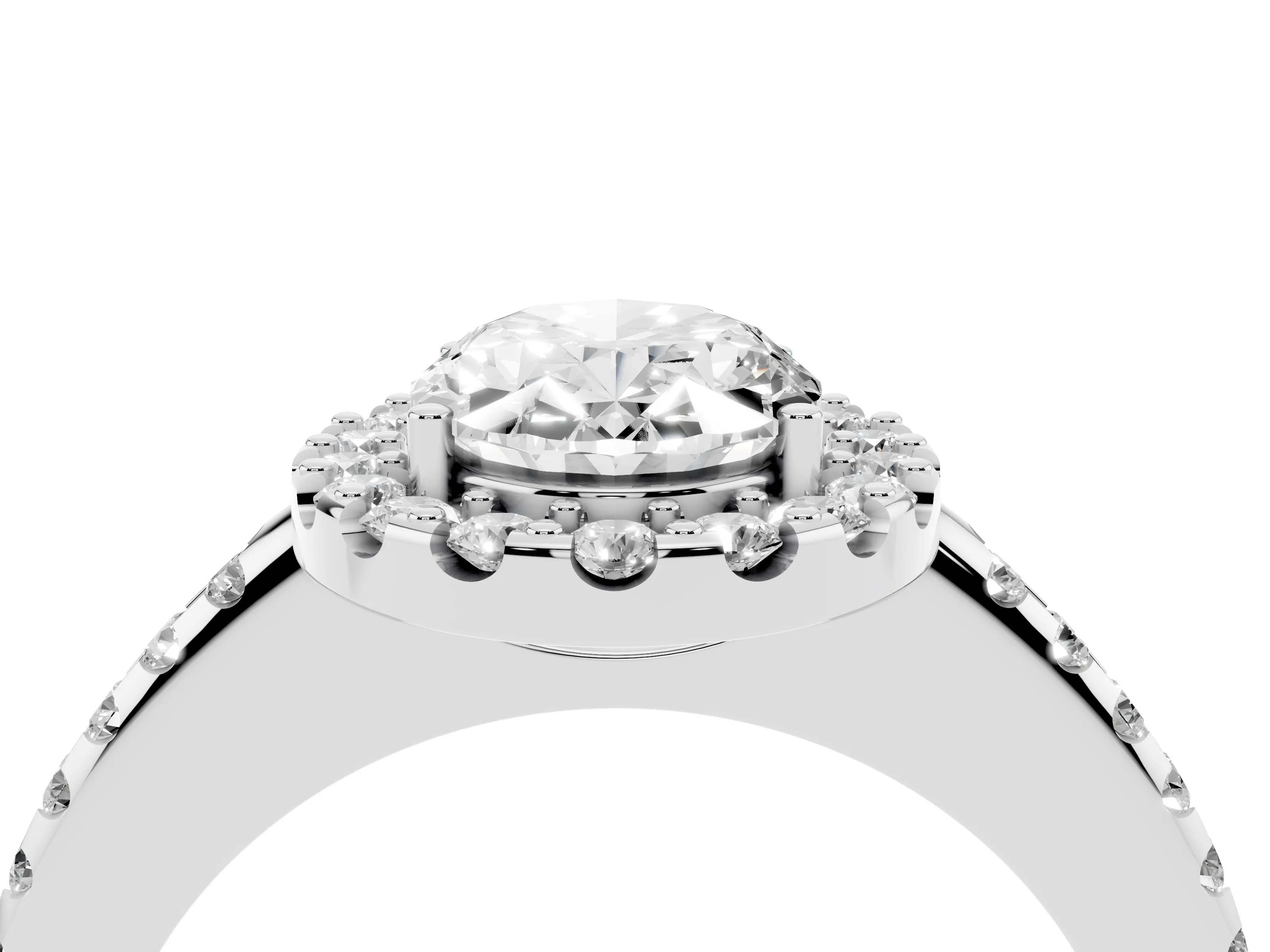 Oval Cut Diamond Pavé Halo Ring Set in White gold with Prong Setting
