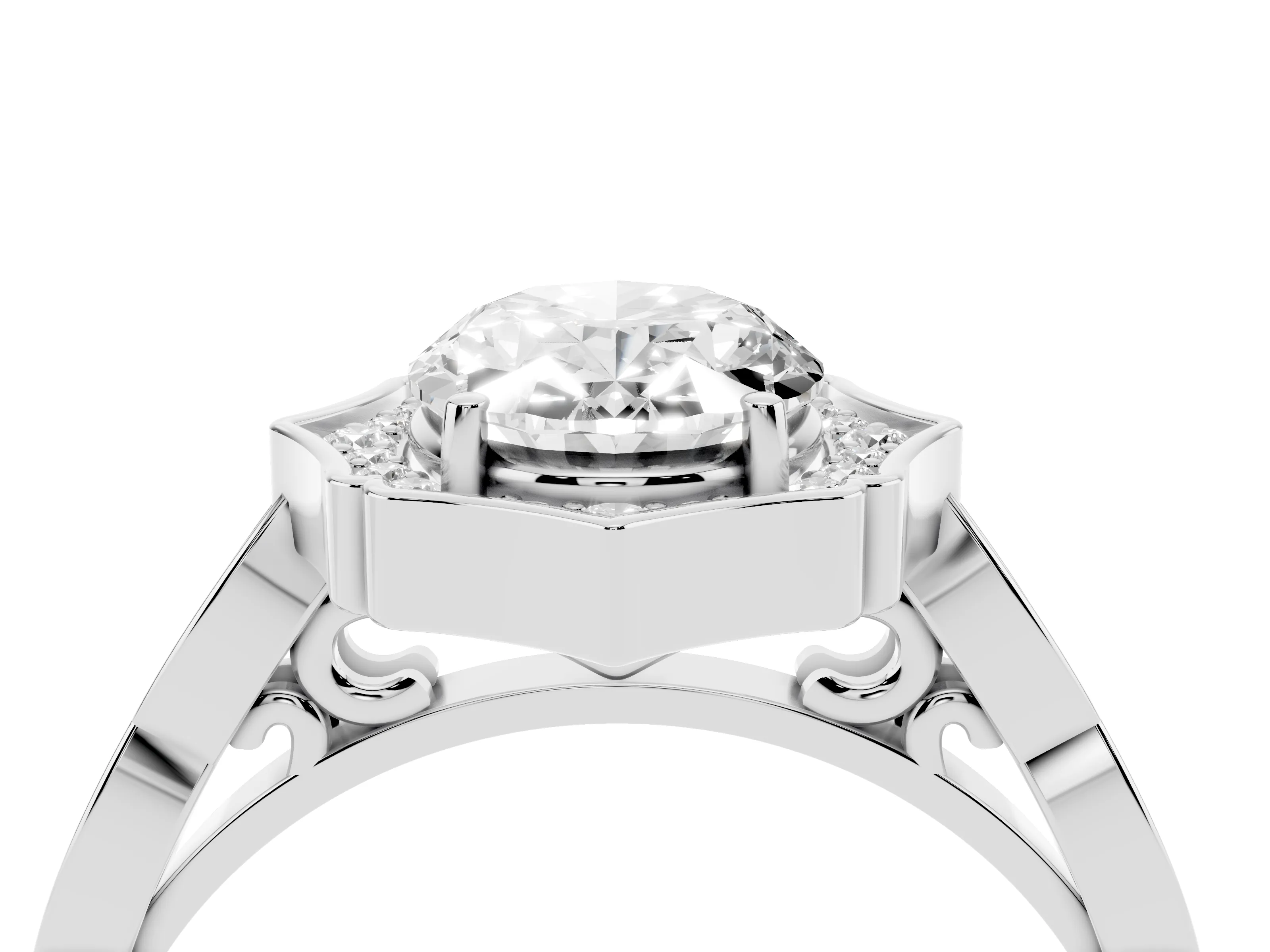 Oval Cut Diamond Halo Engagement Ring Set in White gold with Milgrain Band and Prong Setting