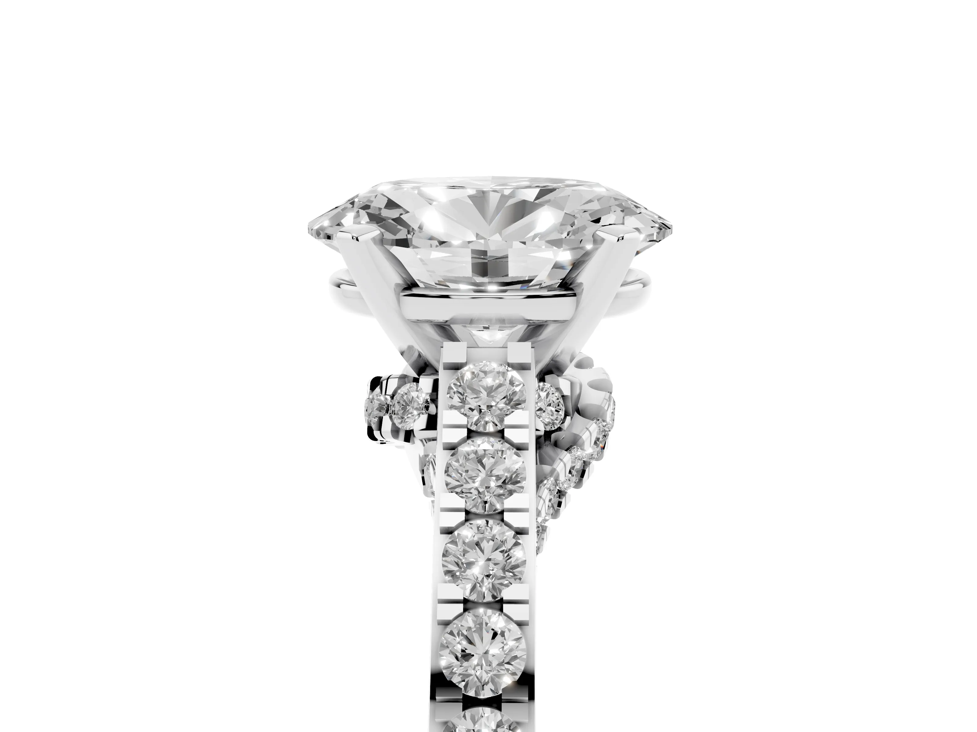 Oval Cut Diamond Solitaire Ring Set in White gold with Crossover Gallery and Round Pavé Band