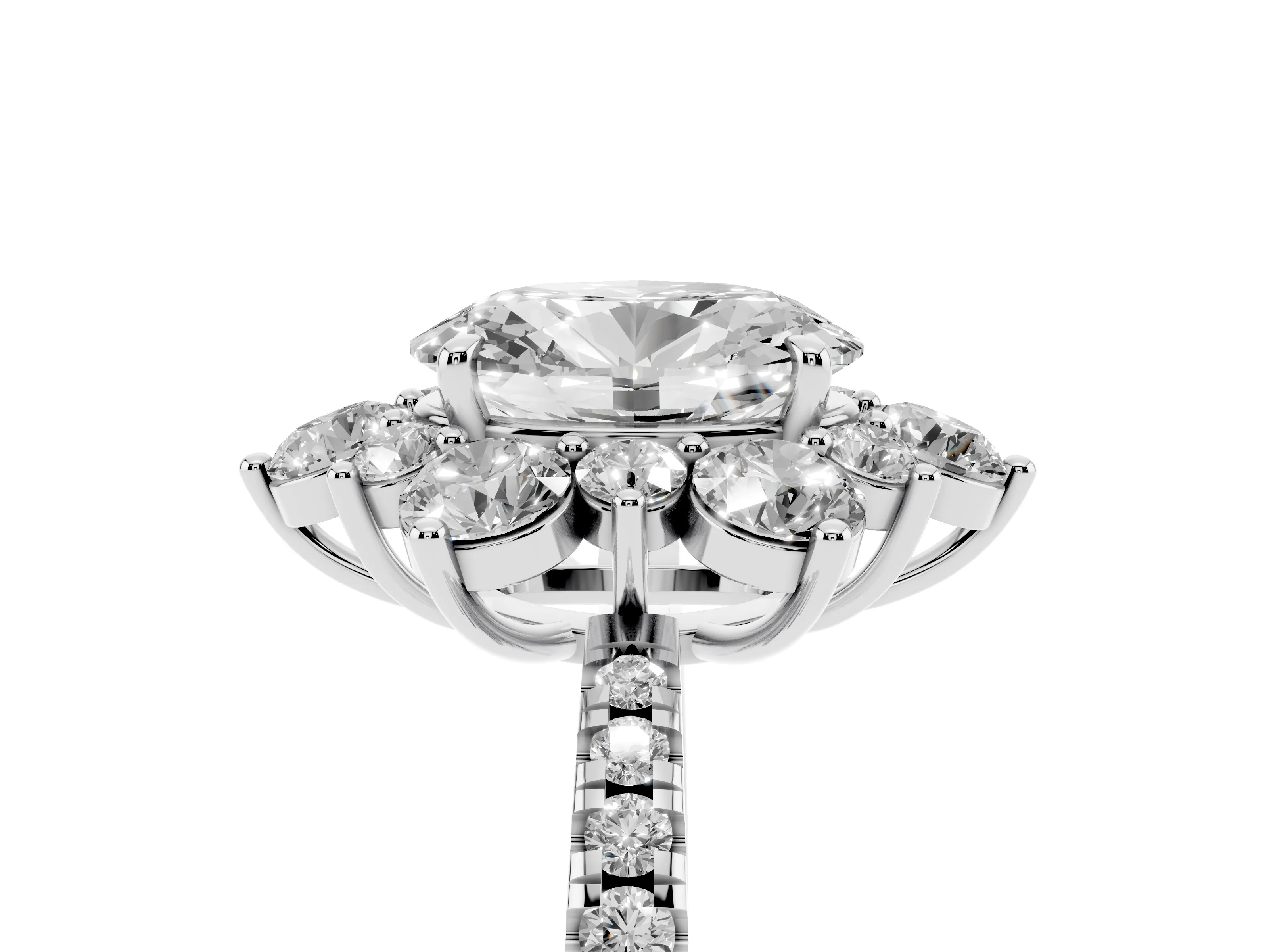 Oval Cut Diamond Floral Halo Ring Set in White gold with Round Pavé Band and Prong Setting
