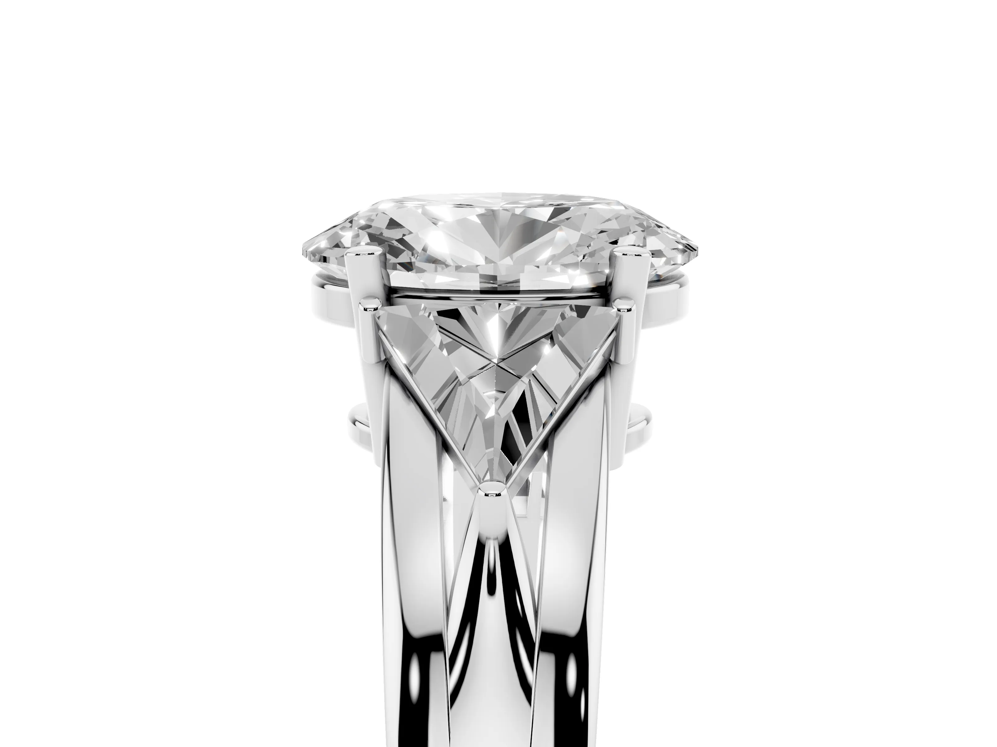 Oval Cut Diamond Three-Stone Ring Set in White gold with Trillion Side Stones and Split Shank