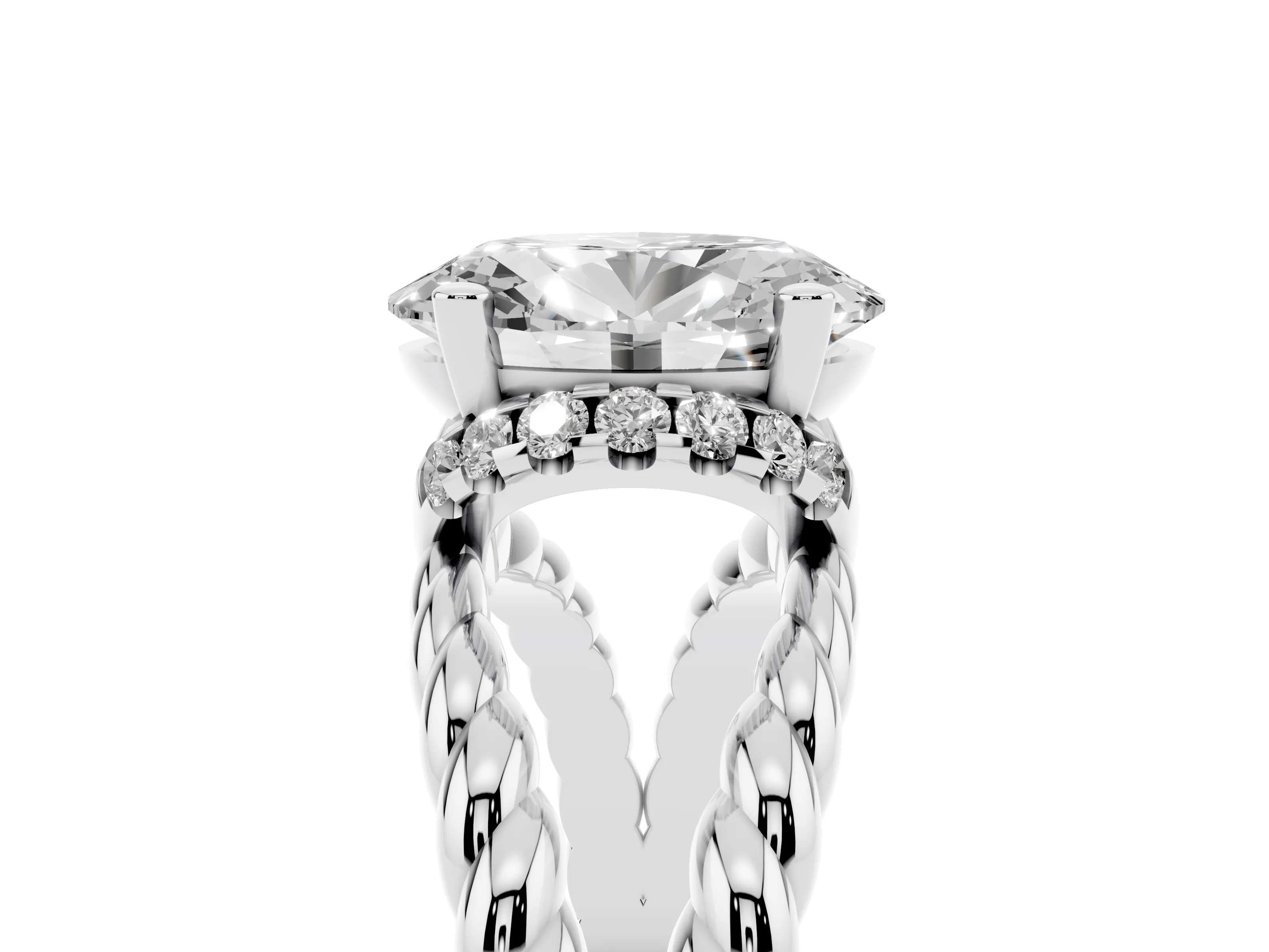 Oval Cut Diamond Halo Ring Set in White gold with Twisted Band and Prong Setting