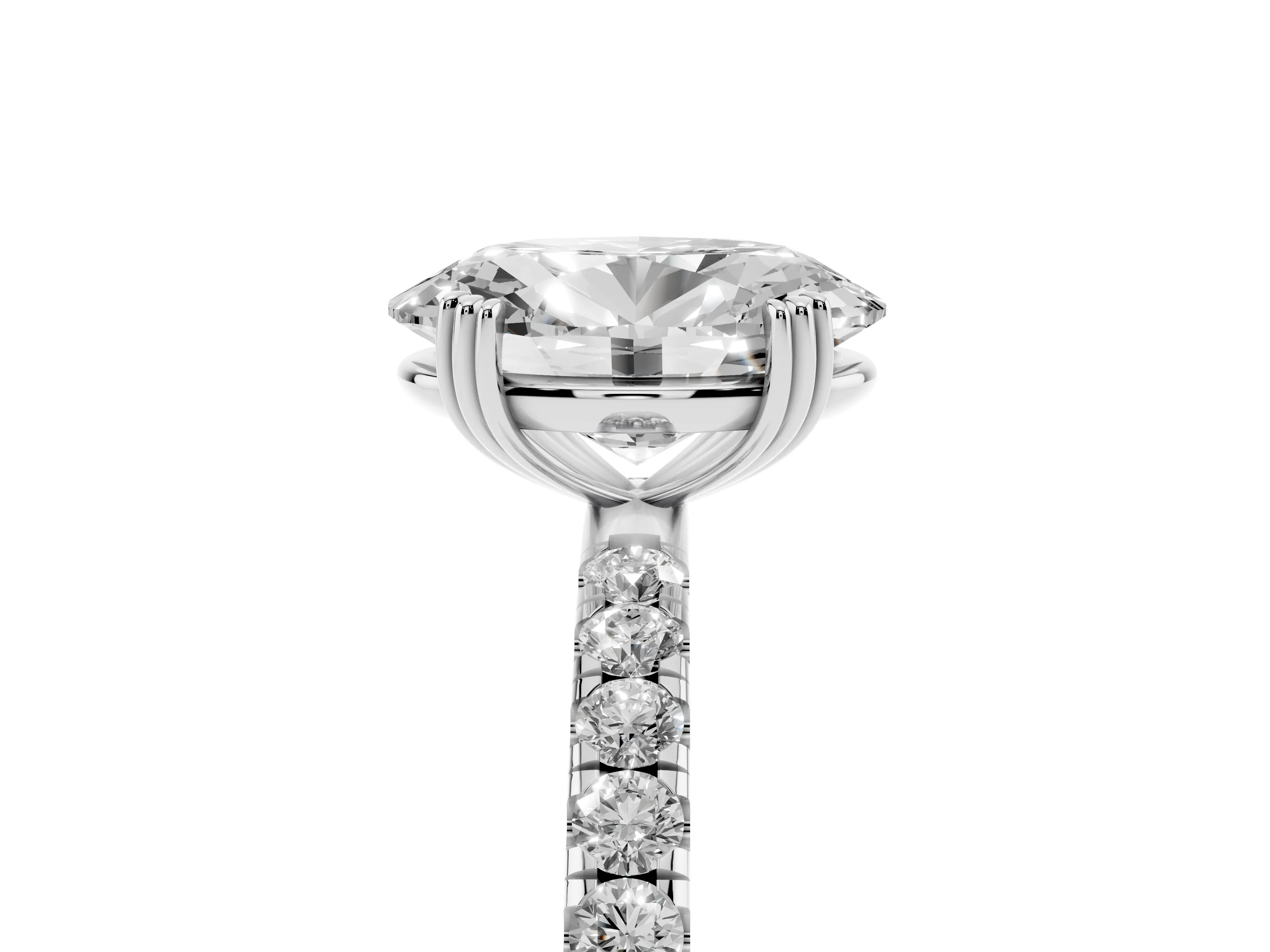 Oval Cut Diamond Brilliant Solitaire Set in Silver with Pavé Band and Claw Prong Setting