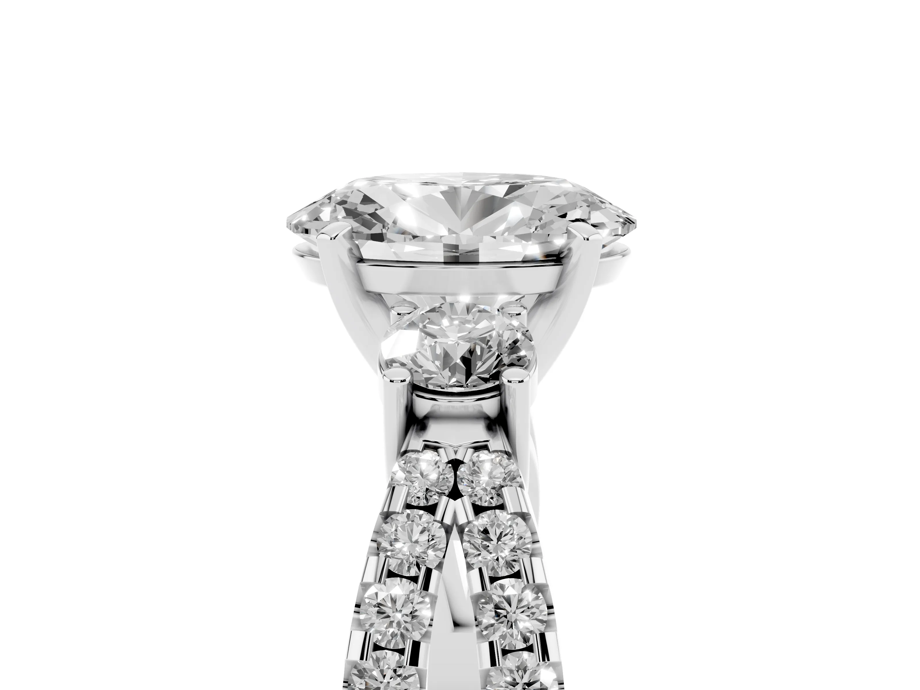 Oval Cut Diamond Three-Stone Ring Set in Platinum with Pavé Split Shank and Prong Setting