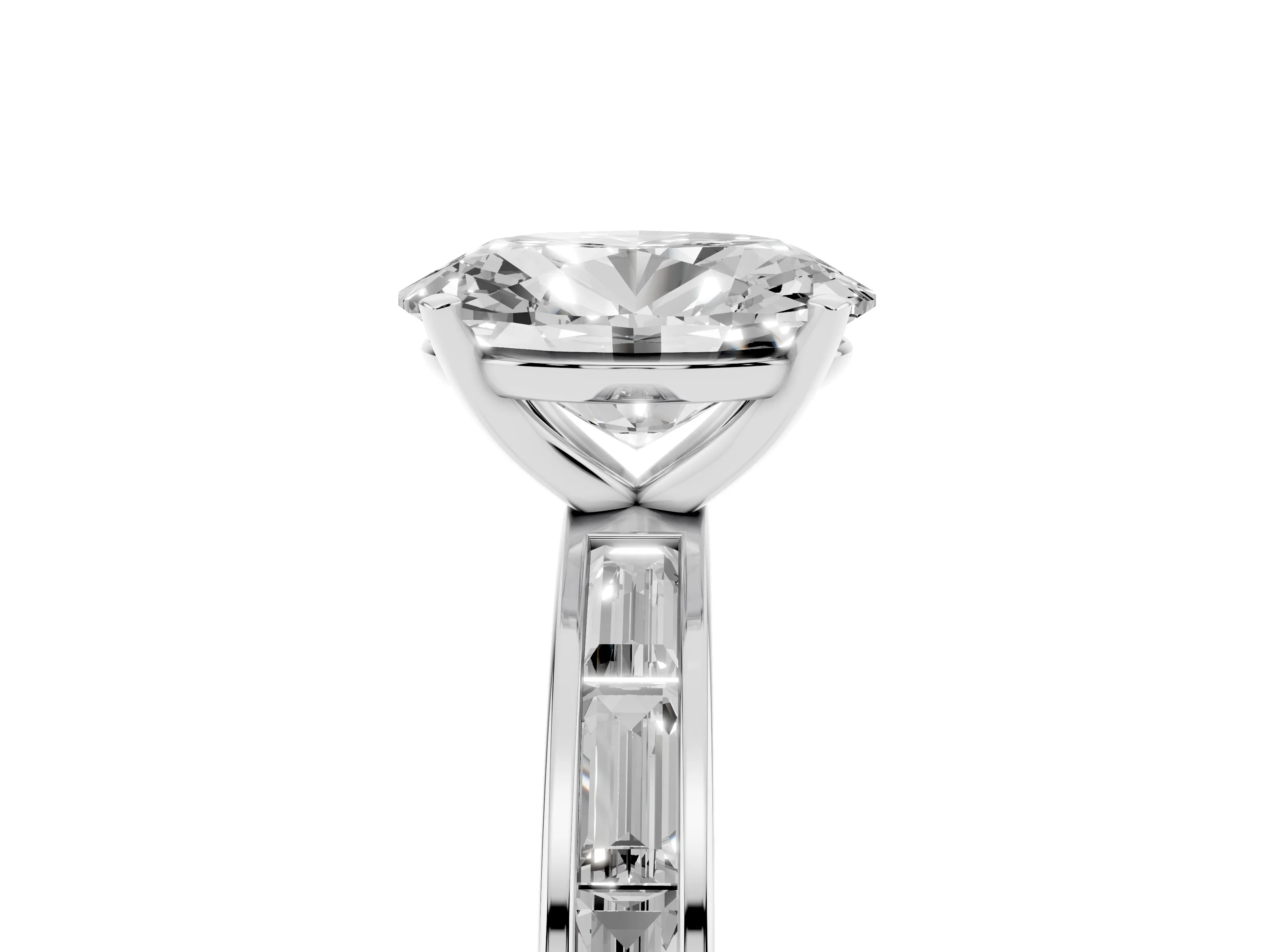 Oval Cut Diamond Solitaire Ring Set in White gold with Channel-Set Baguette Band and Prong Setting