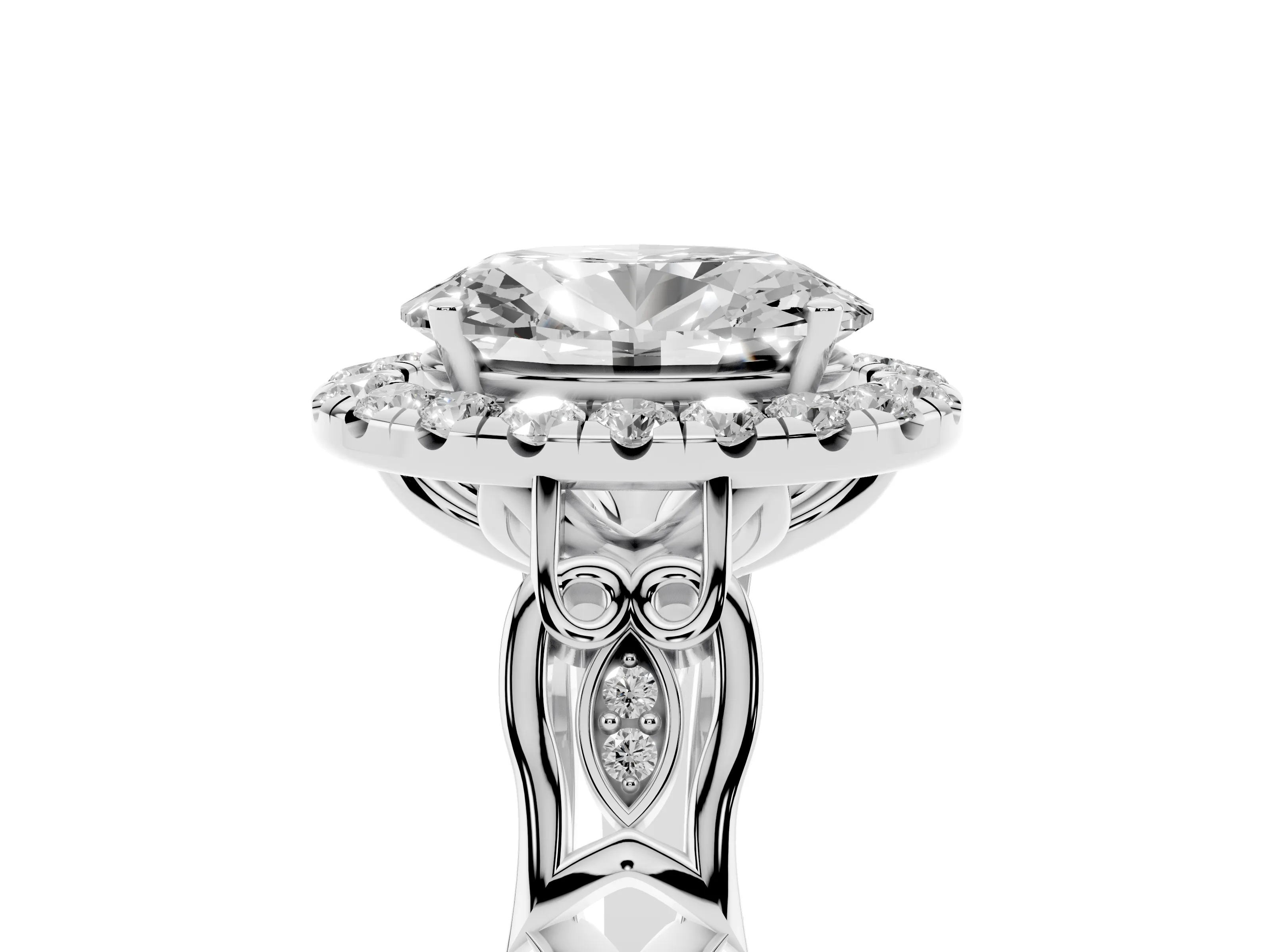 Oval Cut Diamond Halo Engagement Ring Set in Silver with Filigree Band and Prong-Set Center