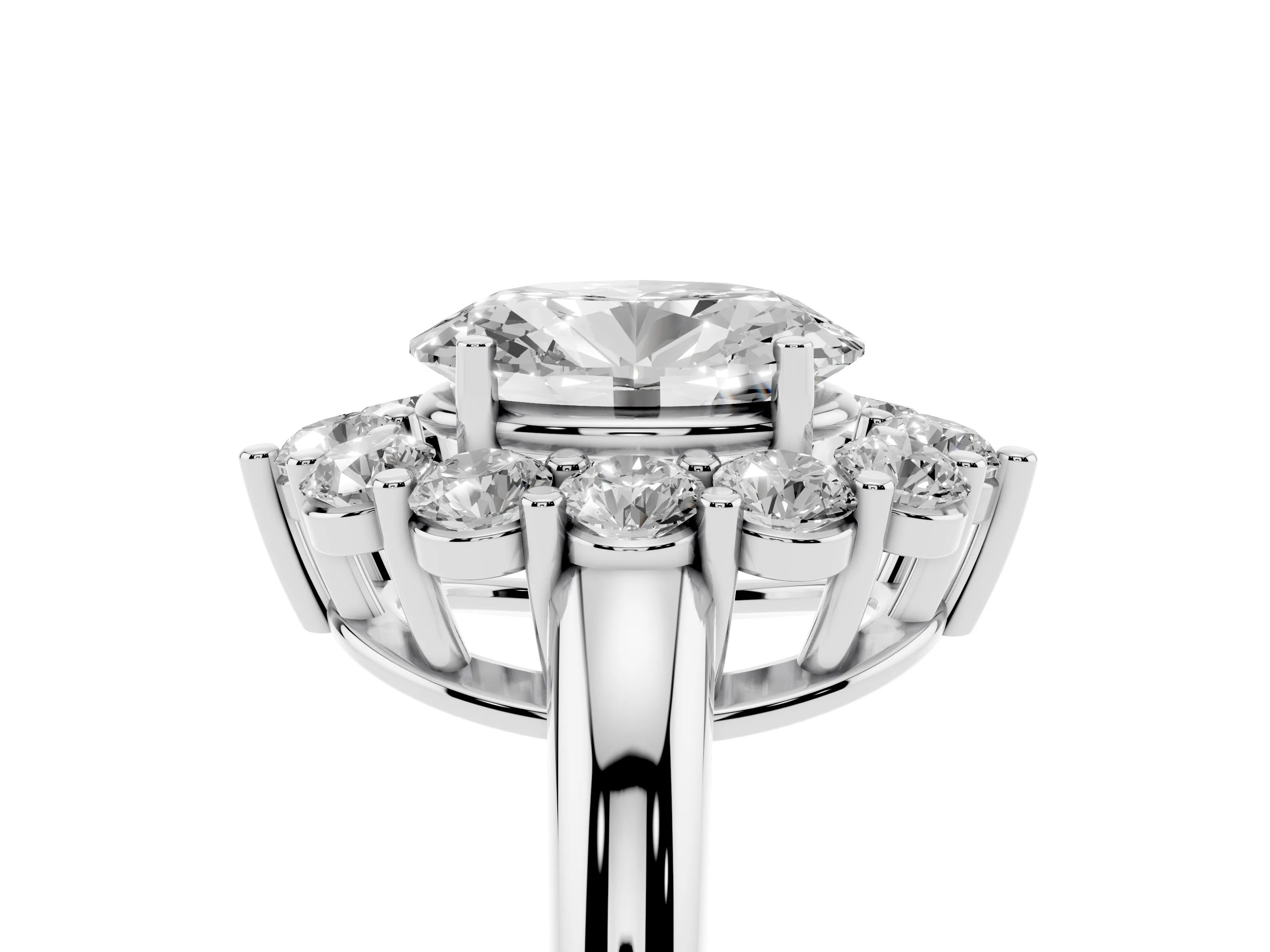 Oval Cut Diamond Halo Cluster Engagement Ring Set in Silver with Polished Band and Prong Setting