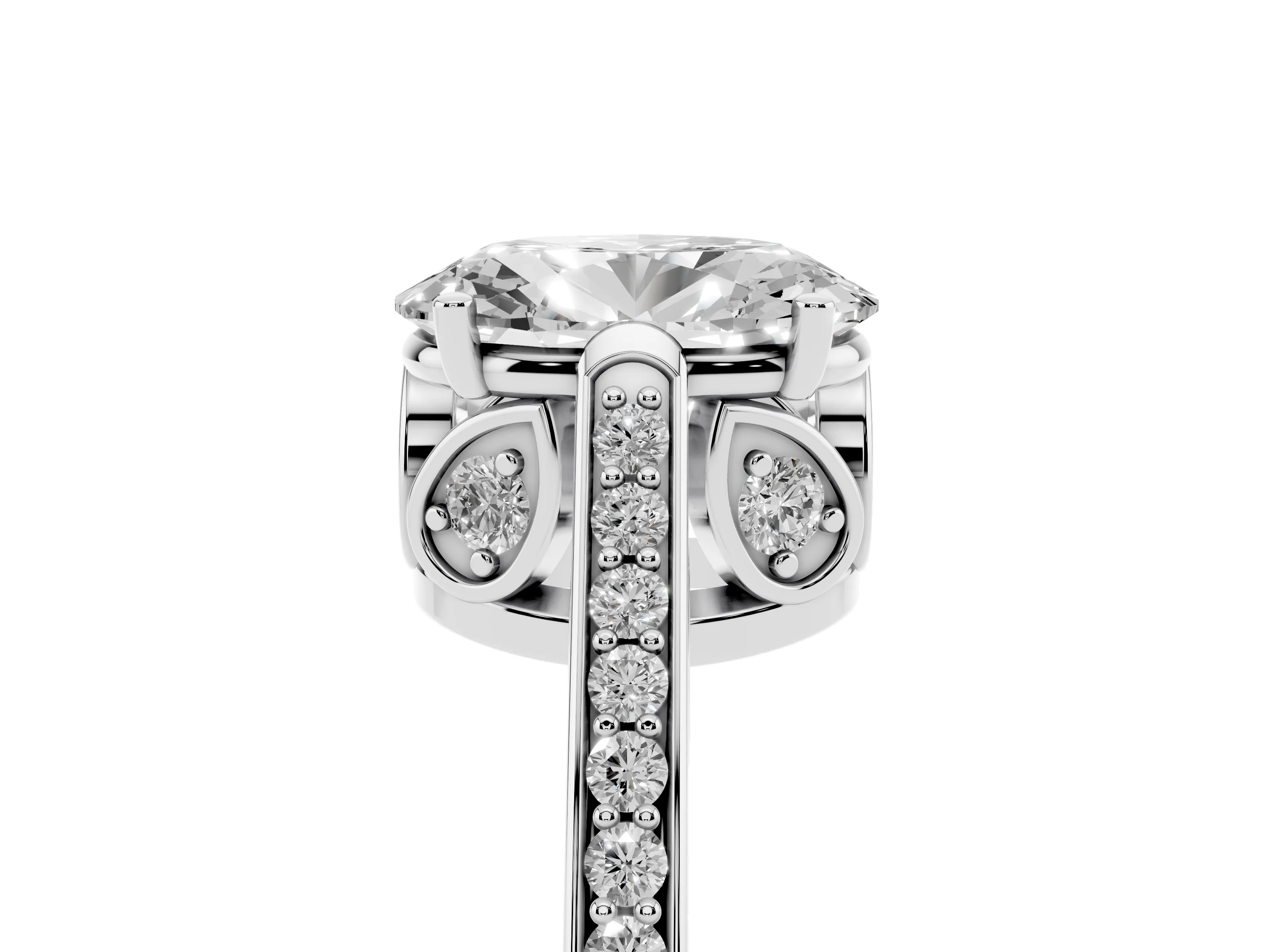 Oval Cut Diamond Cathedral Pavé Engagement Ring Set in White gold with Prong Setting