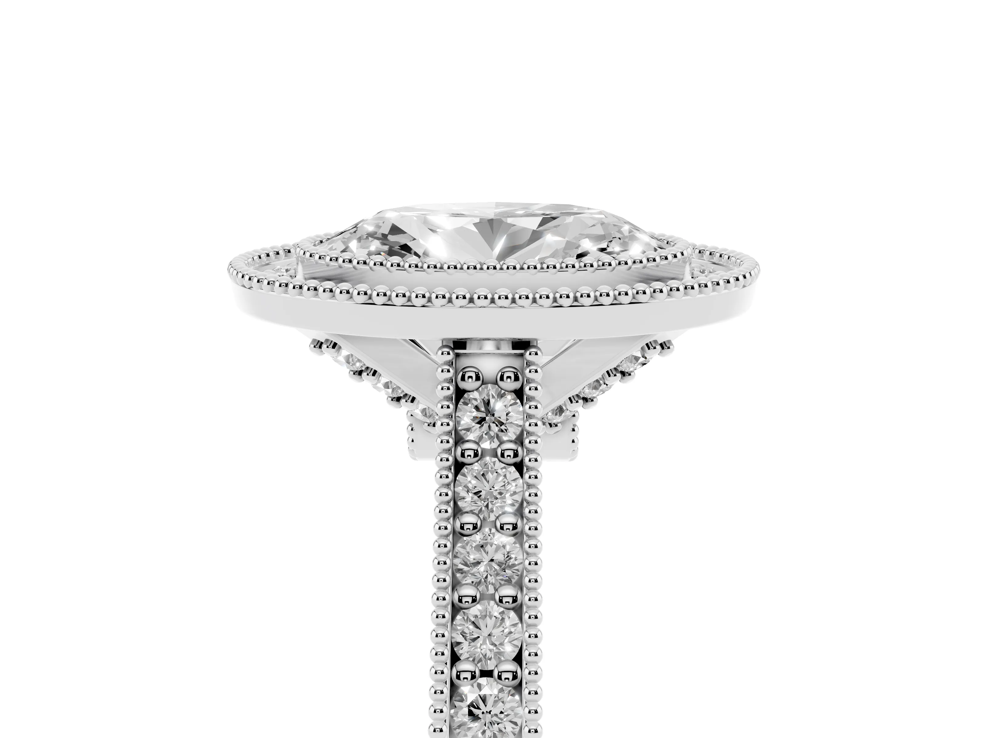Oval Cut Diamond Halo Milgrain Pavé Band Ring Set in Silver with Prong Setting