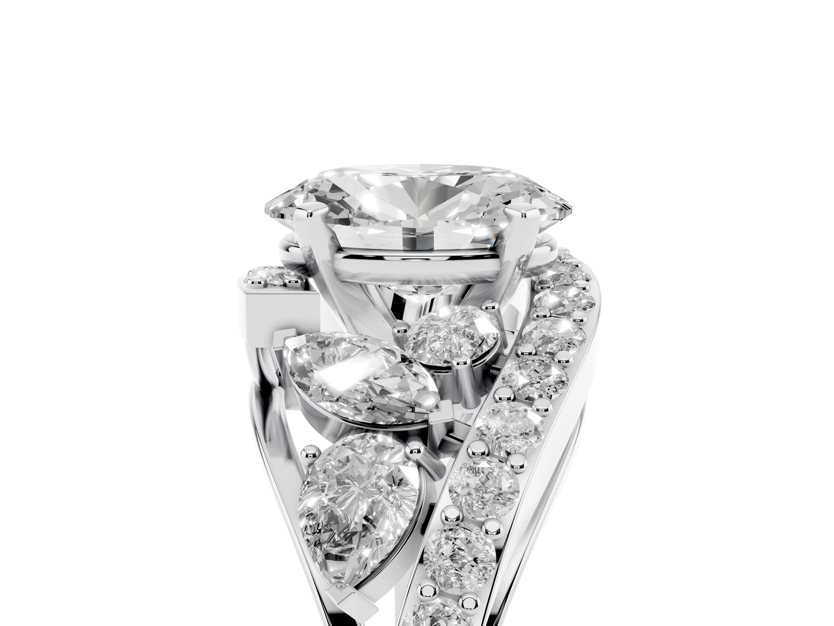 Oval Cut Diamond Halo Ring Set in White gold with Marquise and Pavé Band in Prong Setting