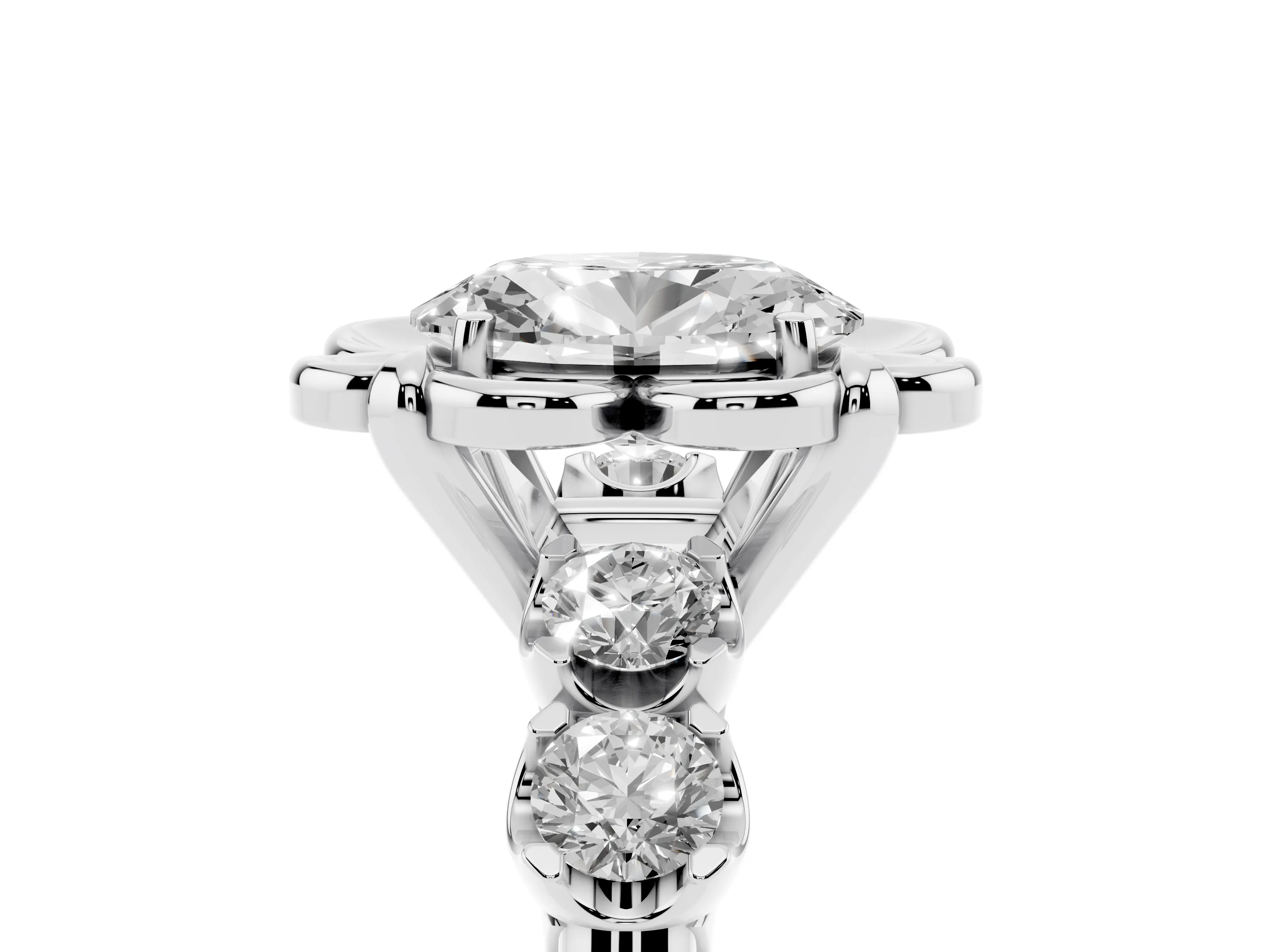 Oval Cut Diamond Floral Halo Ring Set in Silver with Shared Prong Band