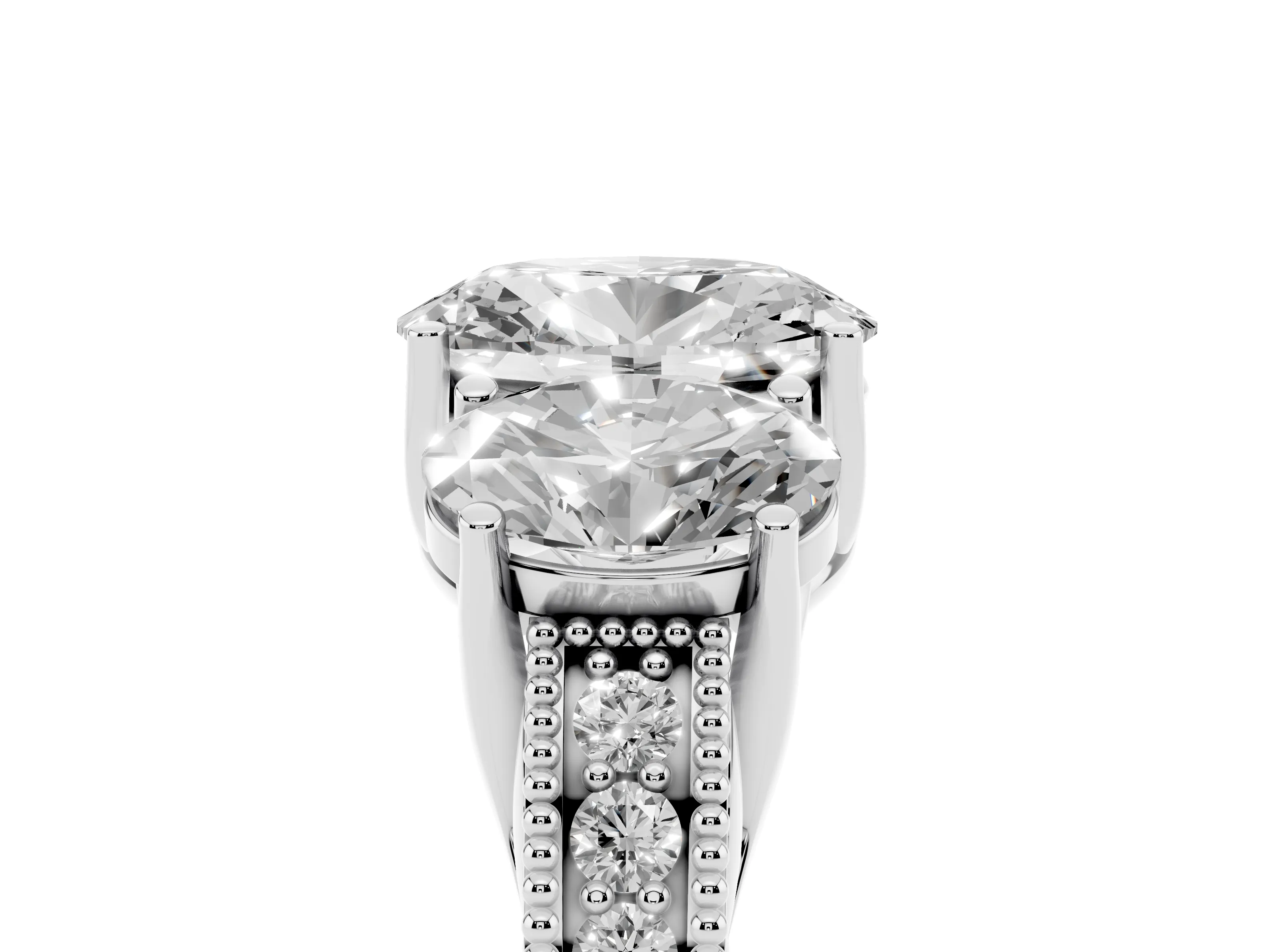 Oval Cut Diamond Three-Stone Engagement Ring Set in Silver with Milgrain Pavé Band